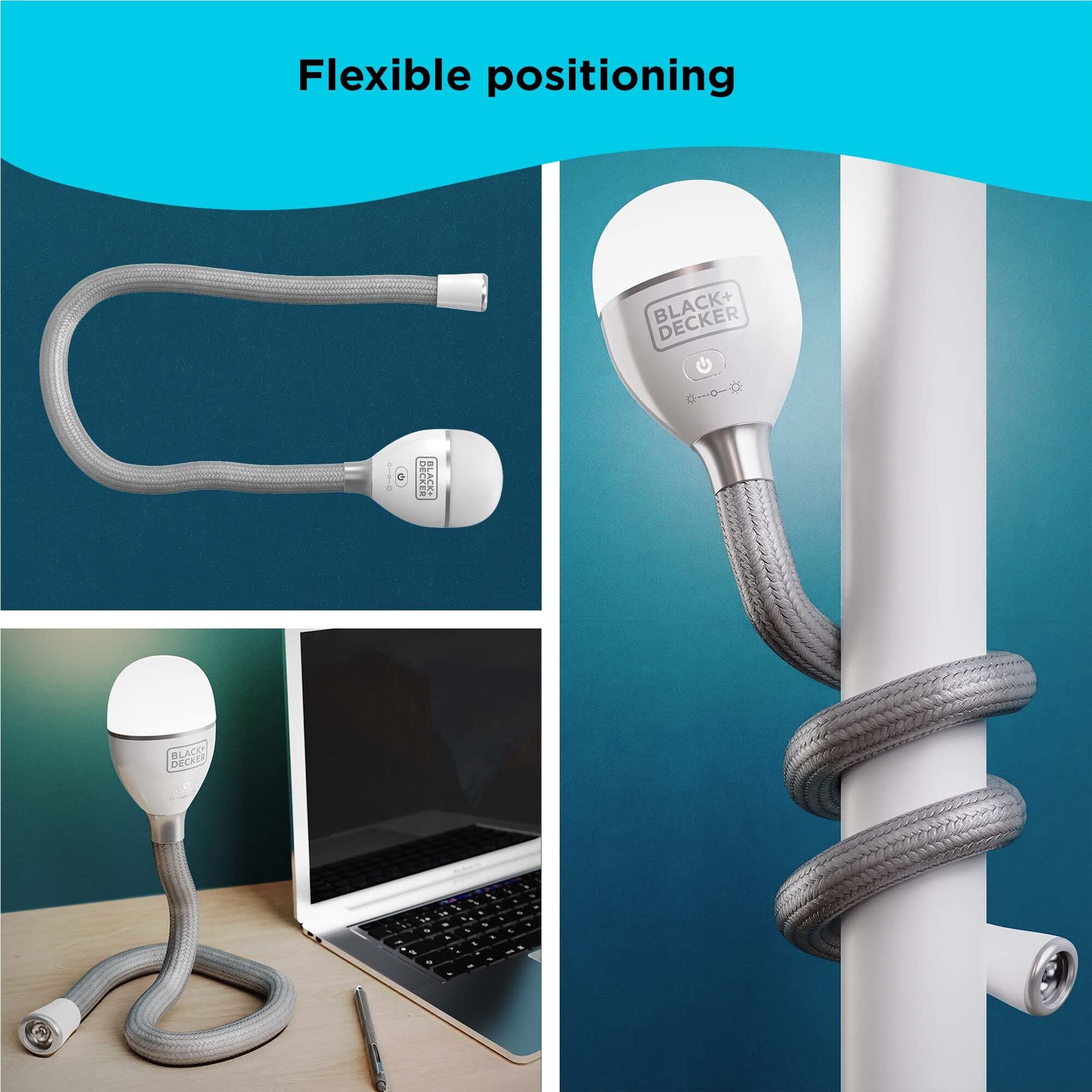 BLACK+DECKER Flexible Rechargeable Snake Light - Adjustable Desk Lamp for Reading, Studying & Working - 2 Brightness Settings (BDCFSL01) - Perfect for Home Office, Dorm Room & Nightstand Lighting