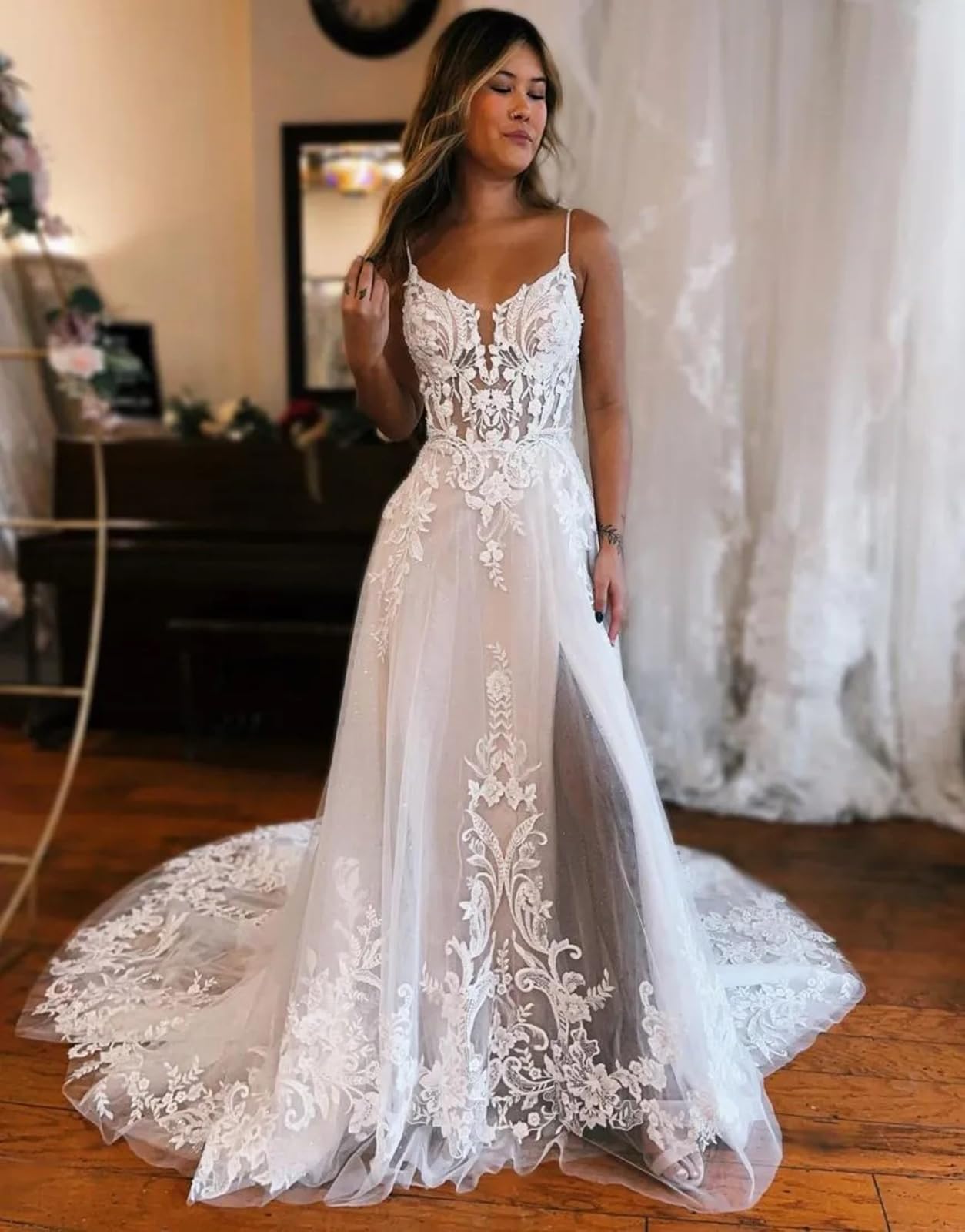 OFEECHUN Women's Lace Applique Beach Wedding Dress - Elegant V-Neck Tulle Bridal Gown with Thigh Slit for Bride | Perfect for Beach Weddings, Destination Elopements & Romantic Photoshoots