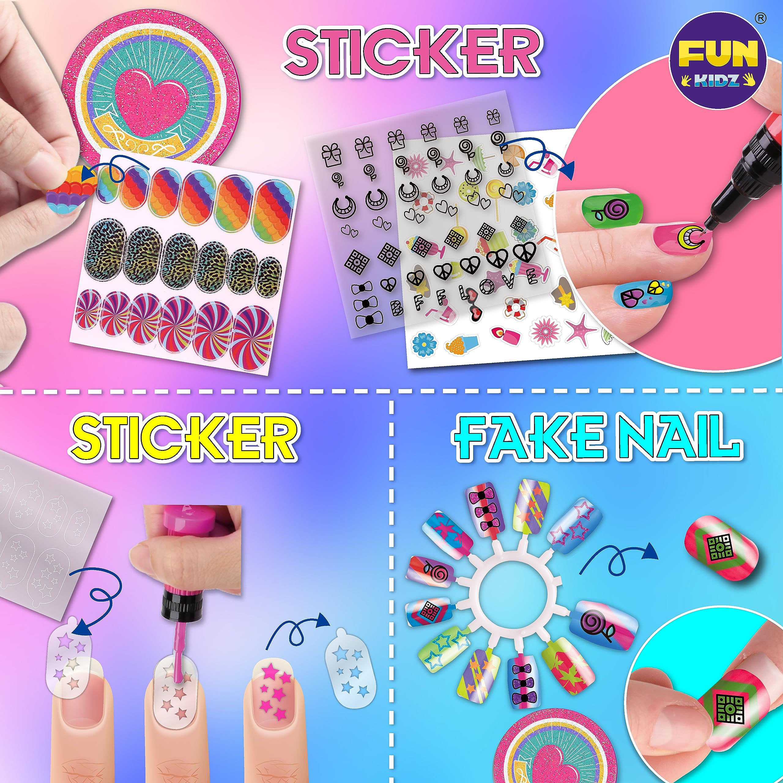 FunKidz Ultimate 315Pcs Kids Nail Art Kit for Girls Ages 7-12 - Glitter Nail Polish Pens, Temporary Nail Stickers & SPA Makeup Set (17.91