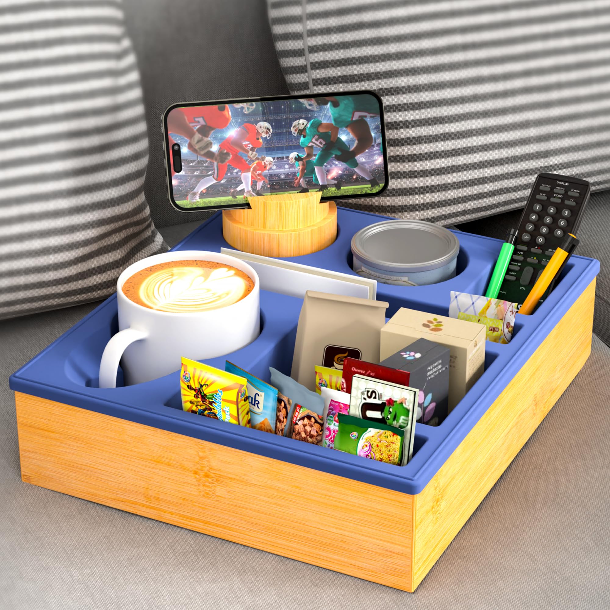 **Silicone Couch Cup Holder Tray - Multi-Functional Sofa & Bed Organizer Caddy with Drink Holder, Snack Tray & Remote Storage - Perfect for Living Room, Bedroom & Beach (Blue)**