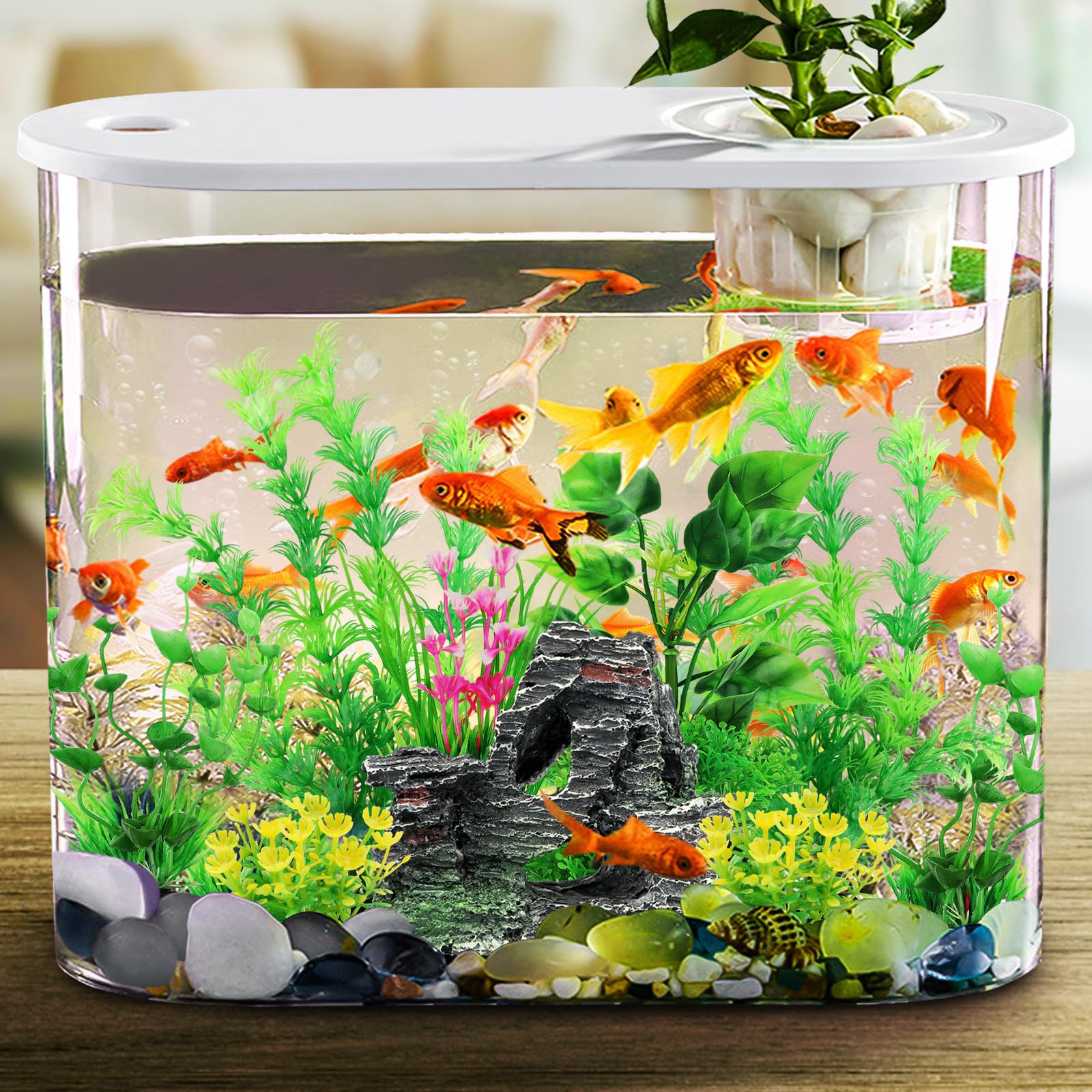 9pcs Artificial Aquarium Plants with Cave Rock Decor Set - Green Plastic Fish Tank Plants for Aquascaping & Betta Fish Habitat | Perfect for Freshwater Tanks, Home & Office Aquarium Decorations