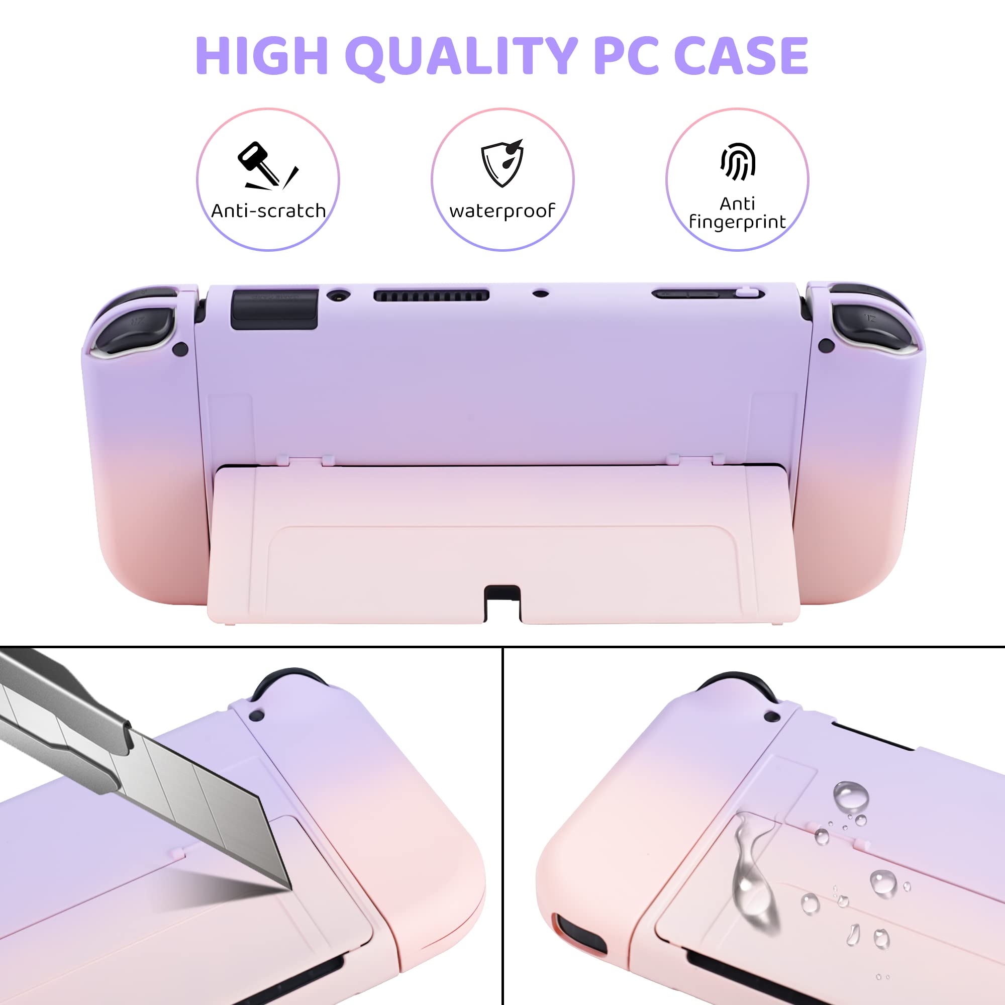 Nintendo Switch OLED Protective Case with Dockable Cover & 2 Cat Paw Thumb Grips - Pink & Purple for Joy-Con Controllers | Perfect for Gaming, Travel & Storage Protection