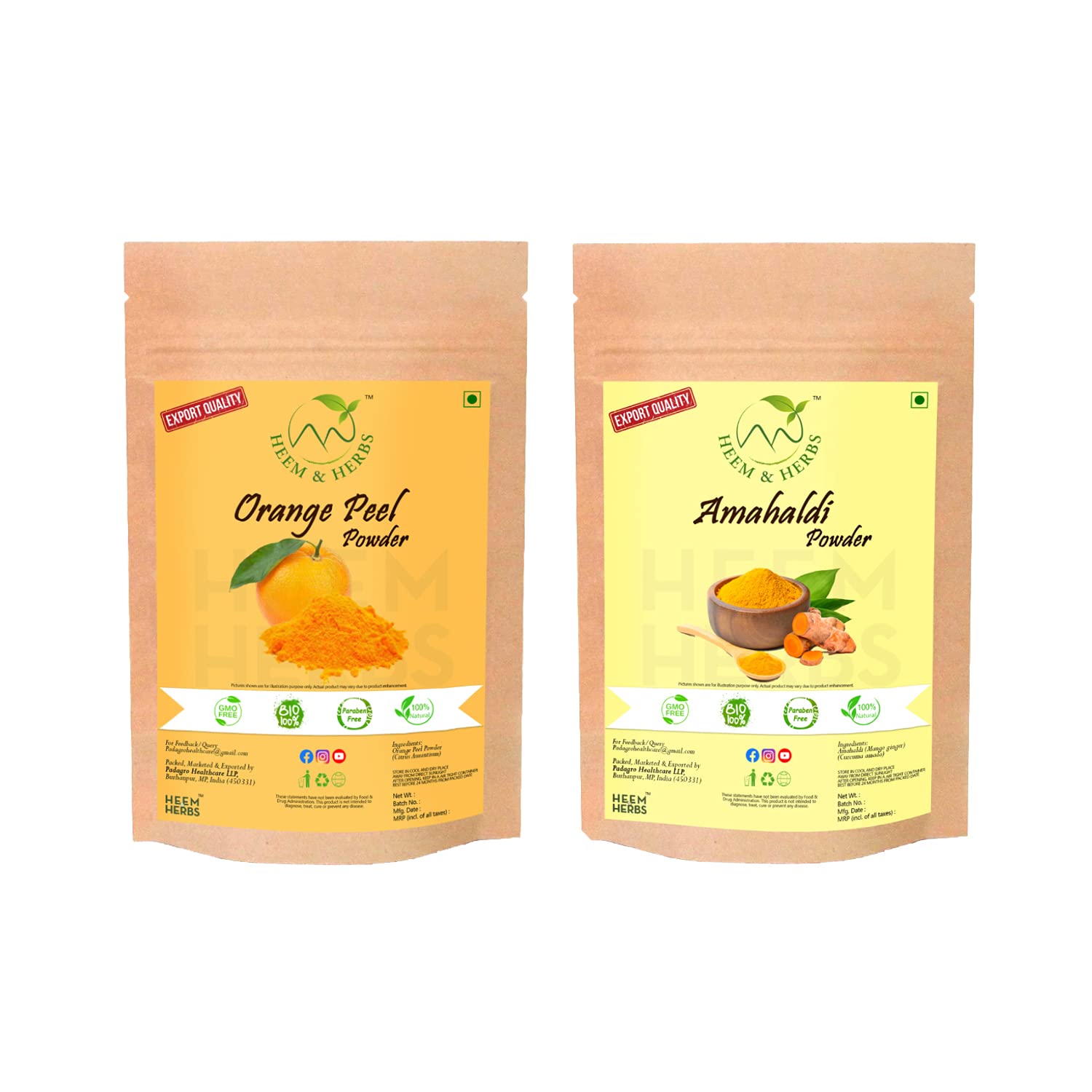 HEEM & HERBS 100% Natural Orange Peel & Wild Turmeric Face Pack - 2 Pack for Glowing Skin & Acne Treatment | DIY Skincare & Spa Day at Home