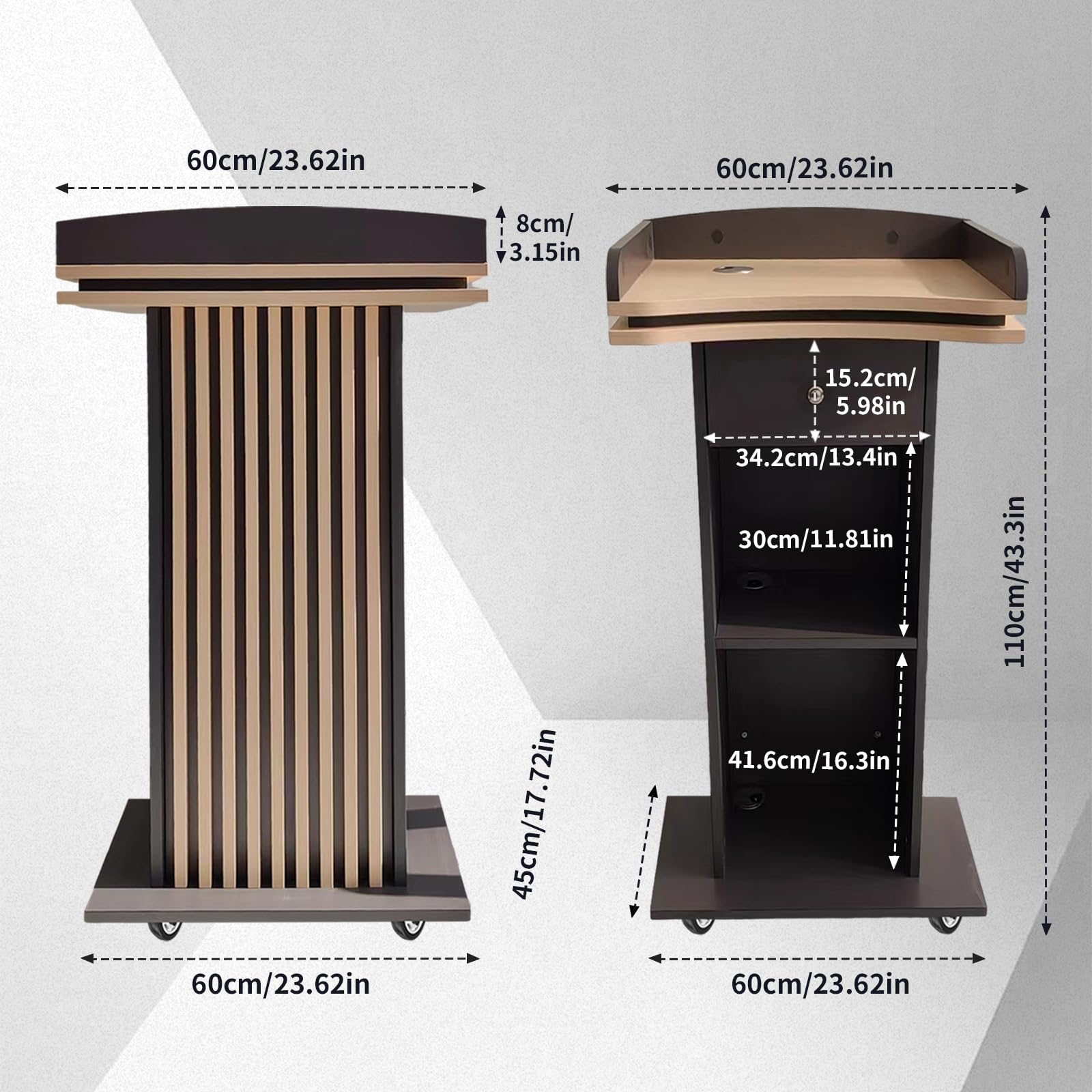 Durable Wooden Podium with Silent Wheels & Locking Drawers - 2-Tier Storage, Sturdy Wide Base | Dark Gray Hostess Stand for Church, School, Lectures, Events & Presentations | Perfect for Public Speaking, Teaching & Ceremonies