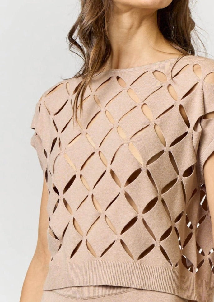 Stylish Taupe Cut Out Detail Sweater Top for Women | Trendy Fall Fashion for Casual Outings & Date Nights
