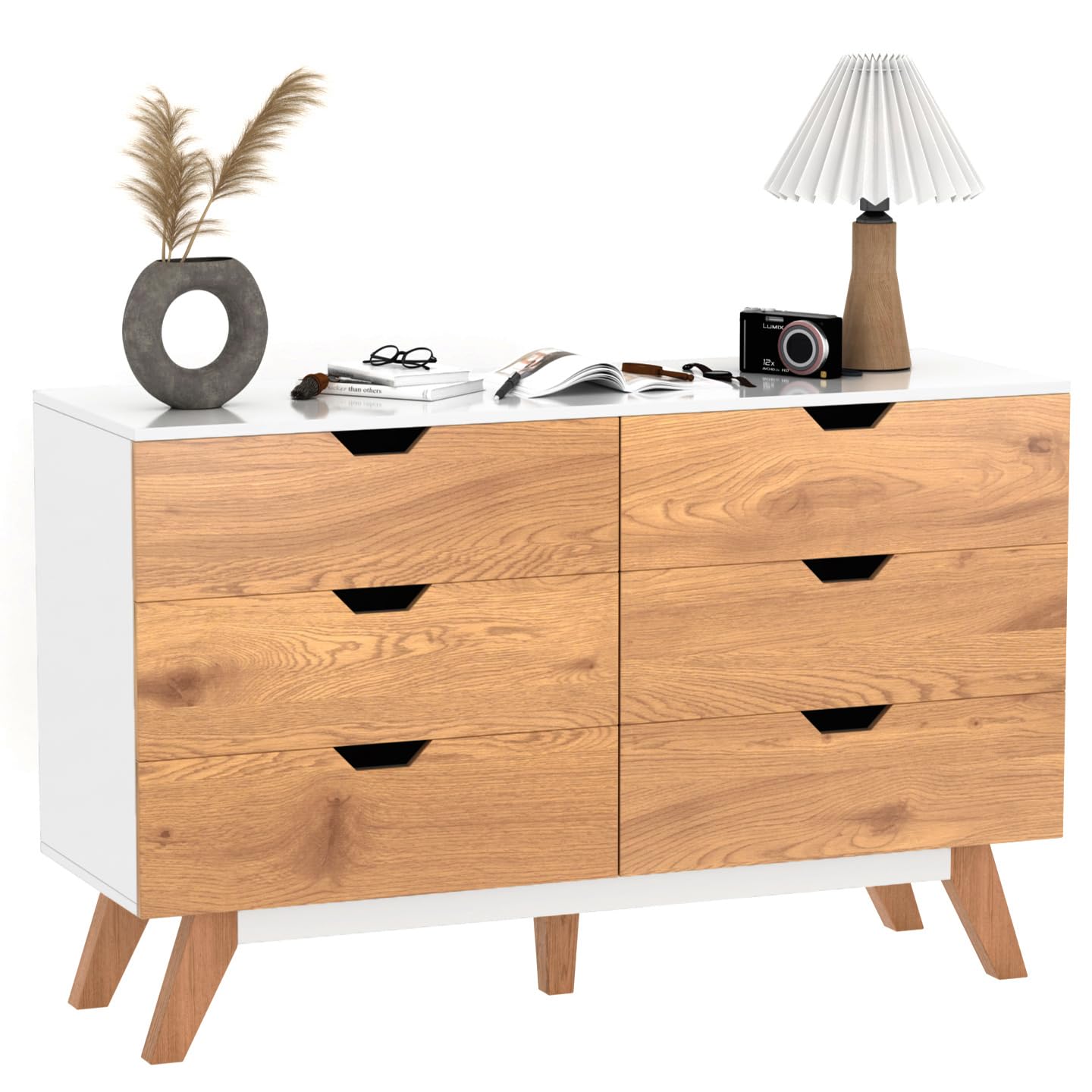 Mid-Century Modern 6-Drawer Dresser - Solid Wood Storage Cabinet for Bedroom, Living Room, Entryway & Hallway | Vintage Style Chest of Drawers for Home Organization & Decor