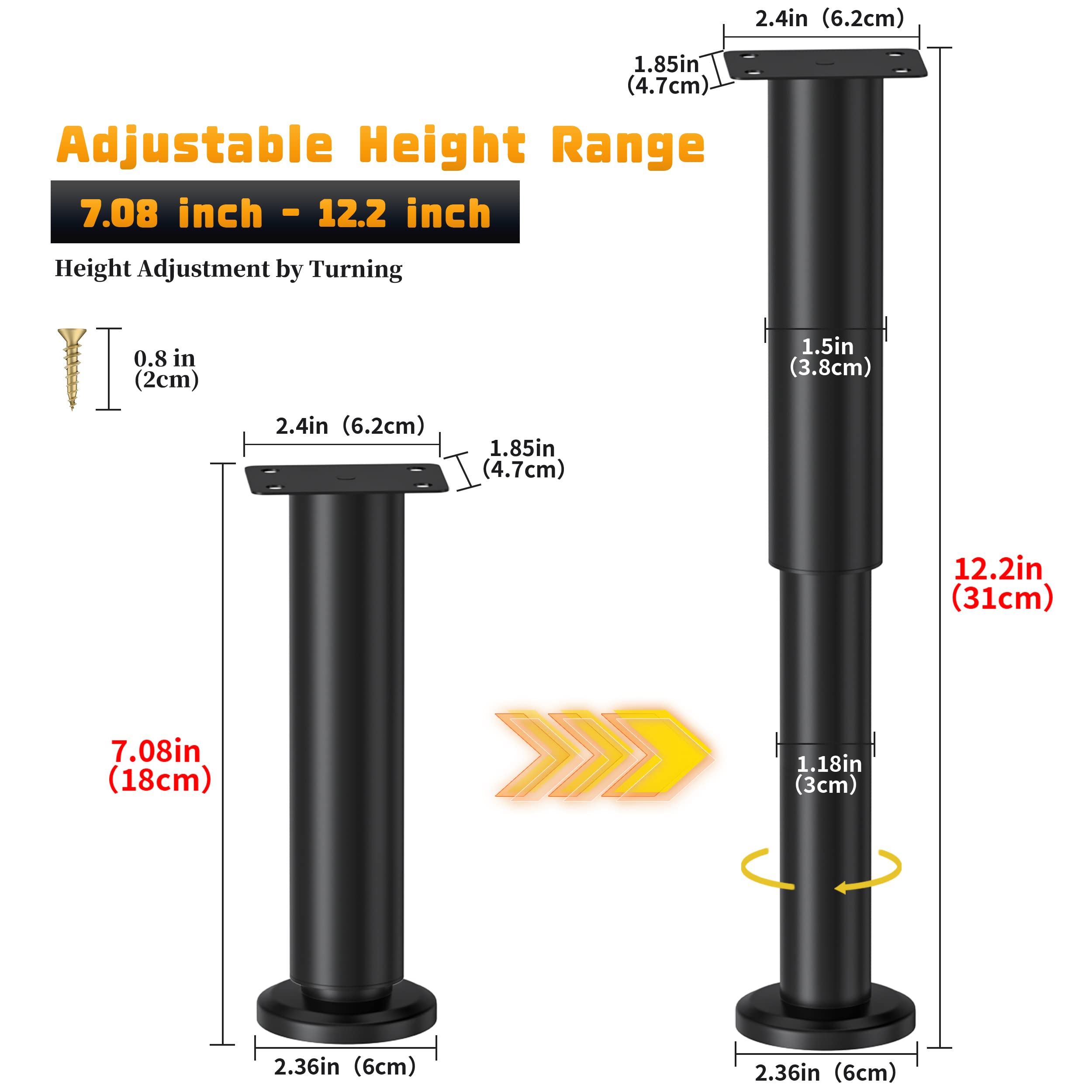 6 Pcs Adjustable Height Bed Support Legs (7.08-12.2 Inch) - Heavy Duty Metal Furniture Legs for Bed Frame, Sofa, Cabinet, Couch, Dresser & Table - Perfect for Bed Center Slat Replacement & Home Furniture Support