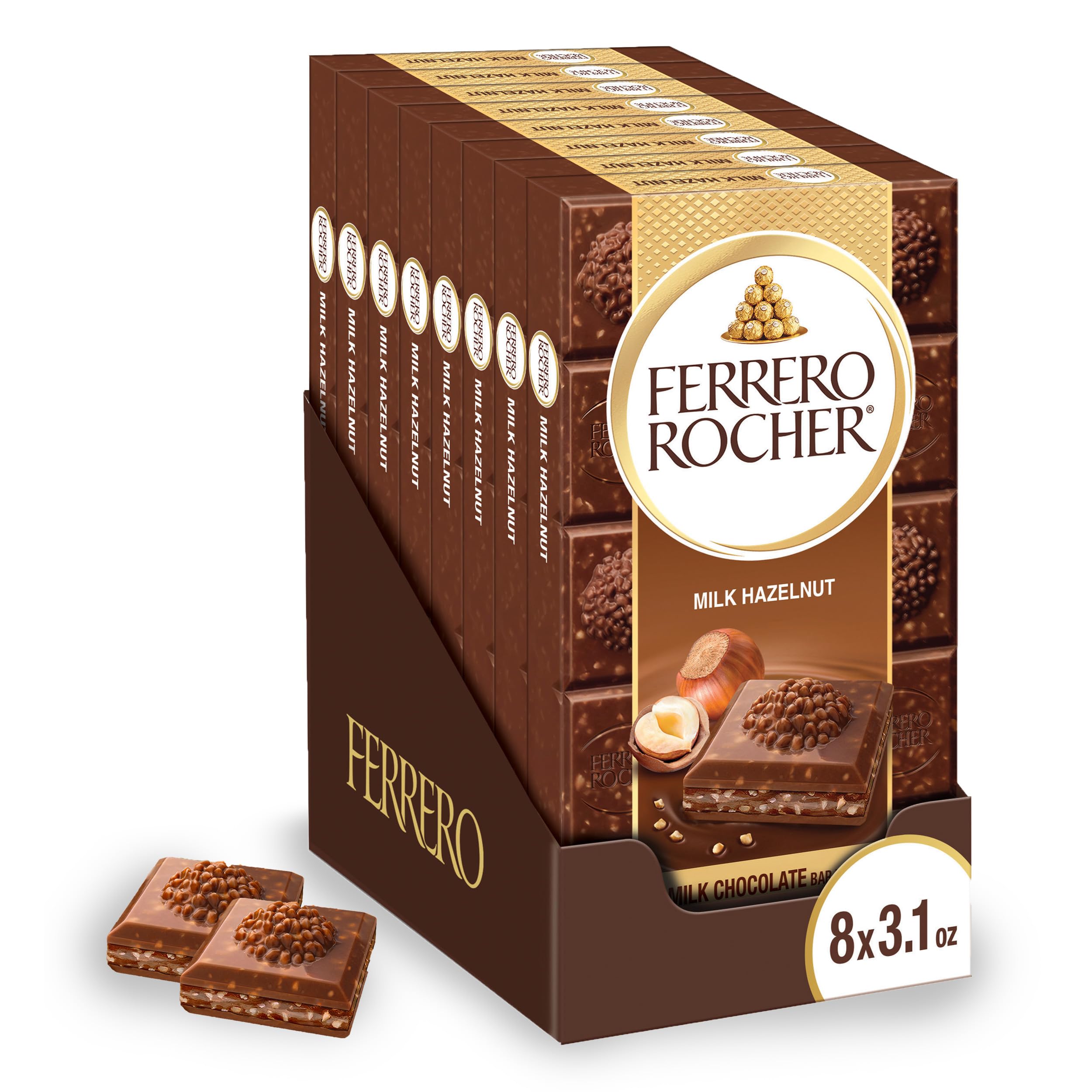 Ferrero Rocher Premium Milk Chocolate Hazelnut Bars - 8 Pack (3.1 oz Each) | Individually Wrapped Luxury Chocolates for Gifts, Holidays & Special Occasions | Perfect for Valentine's Day, Christmas & Corporate Events