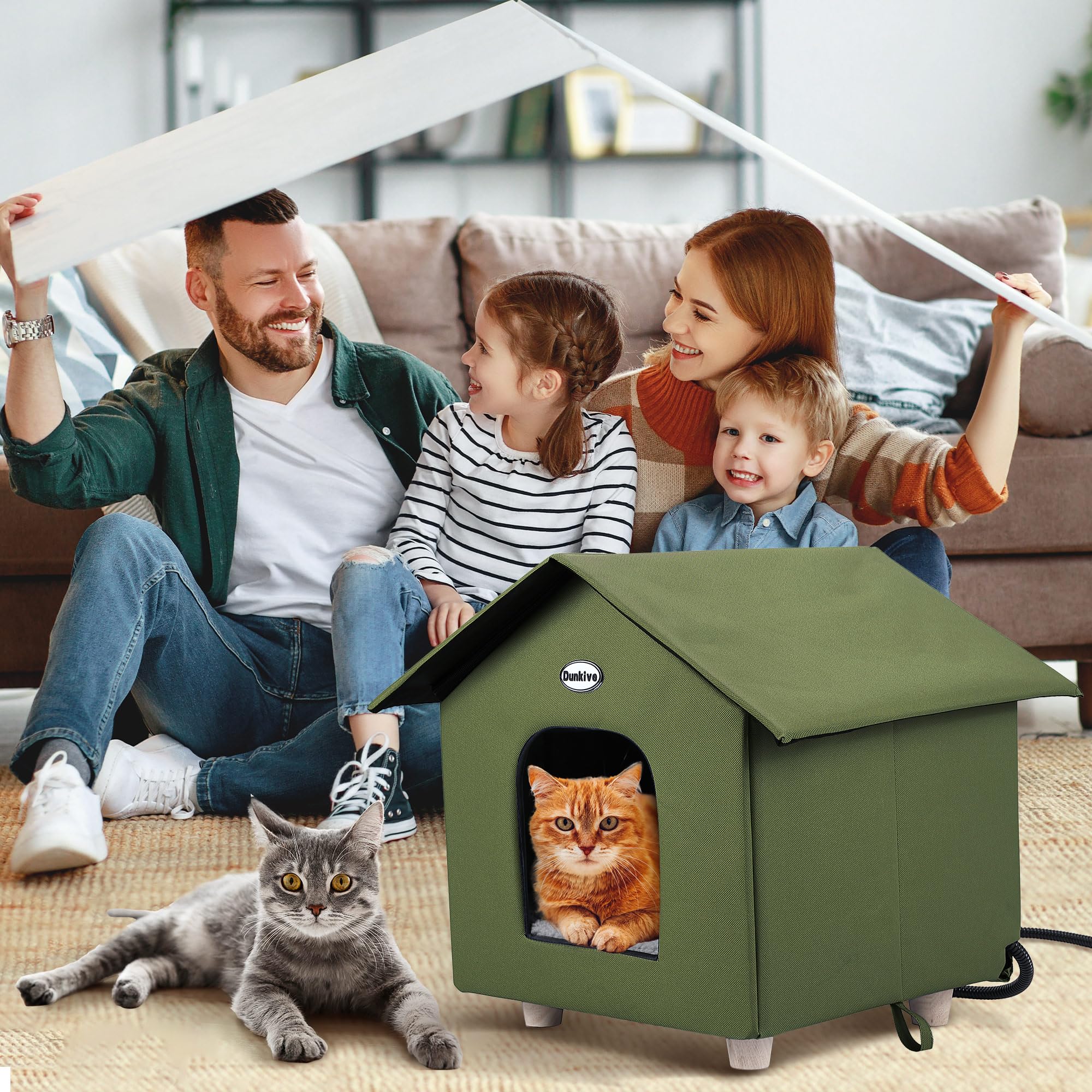 Heated Cat House - Weatherproof Outdoor Shelter with Heated Bed for Winter, Feral Cats & Small Pets - Green