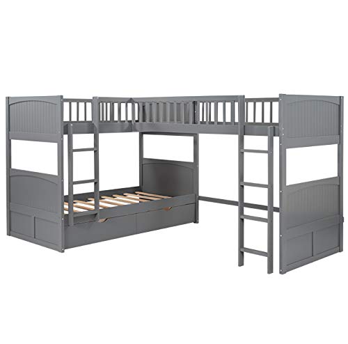 KLMM L-Shaped Twin Over Twin Bunk Bed with Loft - Space-Saving Corner Bunk Bed Frame for Kids, Teens & Adults - Includes 2 Drawers & 2 Ladders - Gray Finish - Perfect for Small Bedrooms, Guest Rooms & Vacation Homes