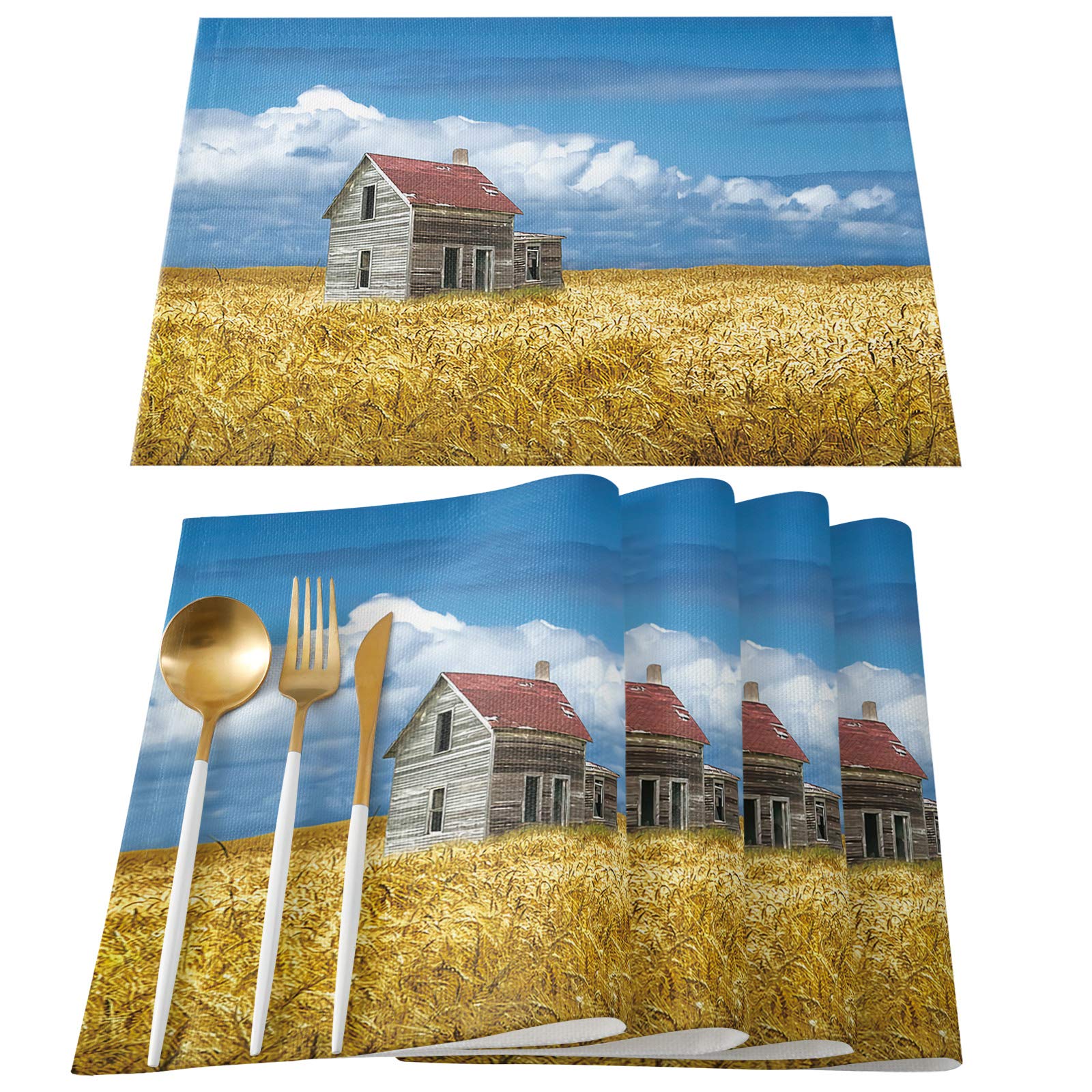 Washable Cotton Linen Placemats Set of 4 - Farmhouse Style Non-Slip Heat Resistant Table Mats for Dining Room, Kitchen, and Cabin Decor | Perfect for Rustic, Countryside, and Retro Home Decor