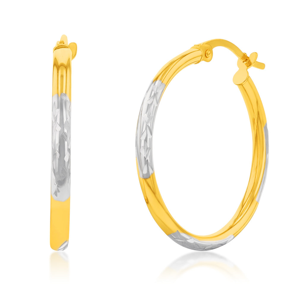 9ct White and Yellow Gold Two-Tone Diamond-Cut 20mm Hoop Earrings for Women – Perfect for Parties, Weddings & Everyday Elegance
