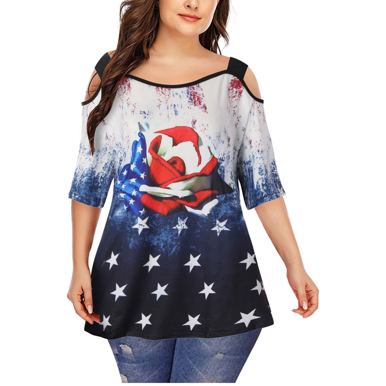 Plus Size Women's Sexy Cold Shoulder Half Sleeve Blouse - 4th of July Printed Crew Neck Pullover Tunic Top for Casual Outings & Independence Day Celebrations