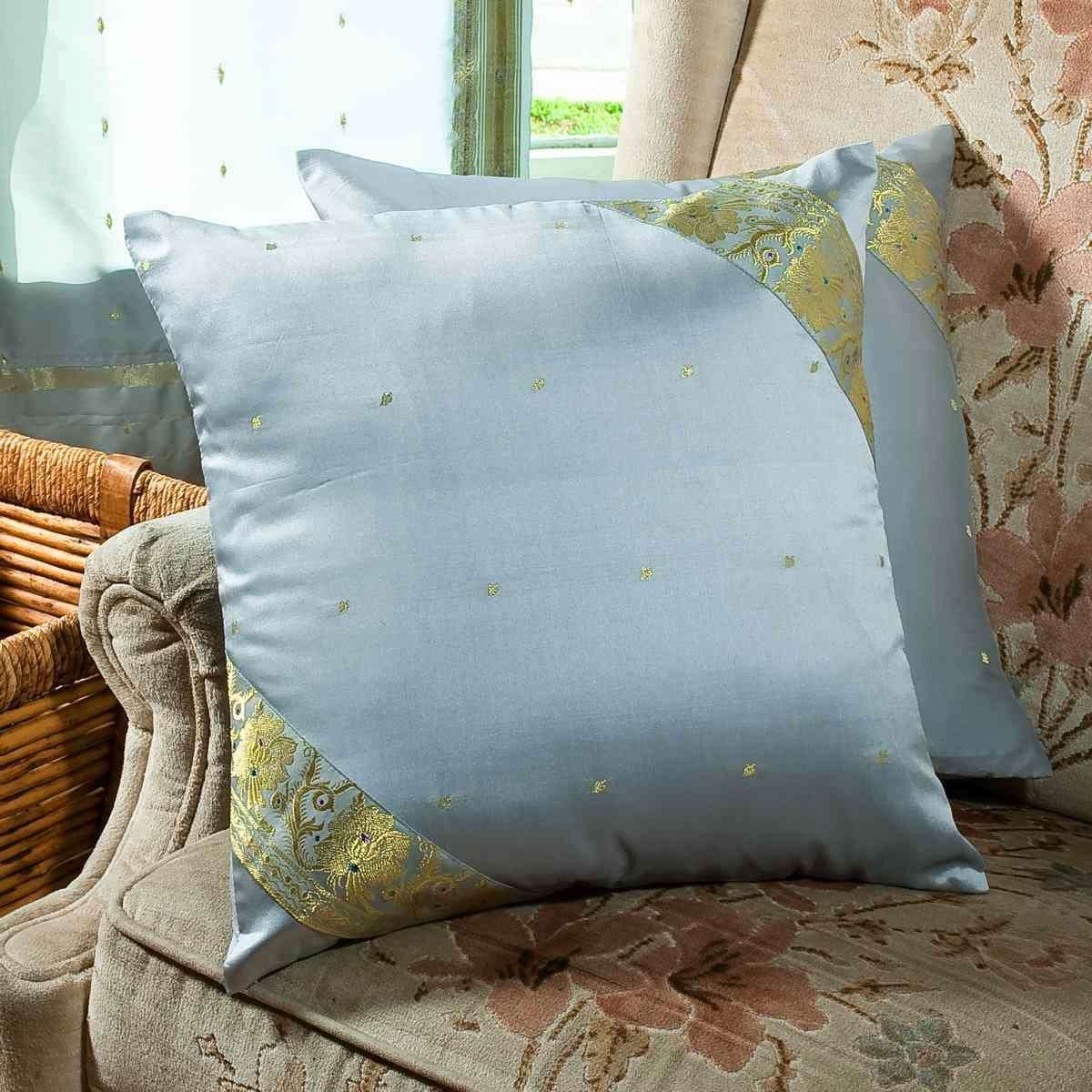 Elegant Gray Handmade Sari Pillow Covers Set of 2 - Boho Chic Indian Sari Throw Cushion Covers with Zipper Closure | 26x26 Inch Home Decor | Perfect for Living Room, Bedroom & Bohemian Style Interiors