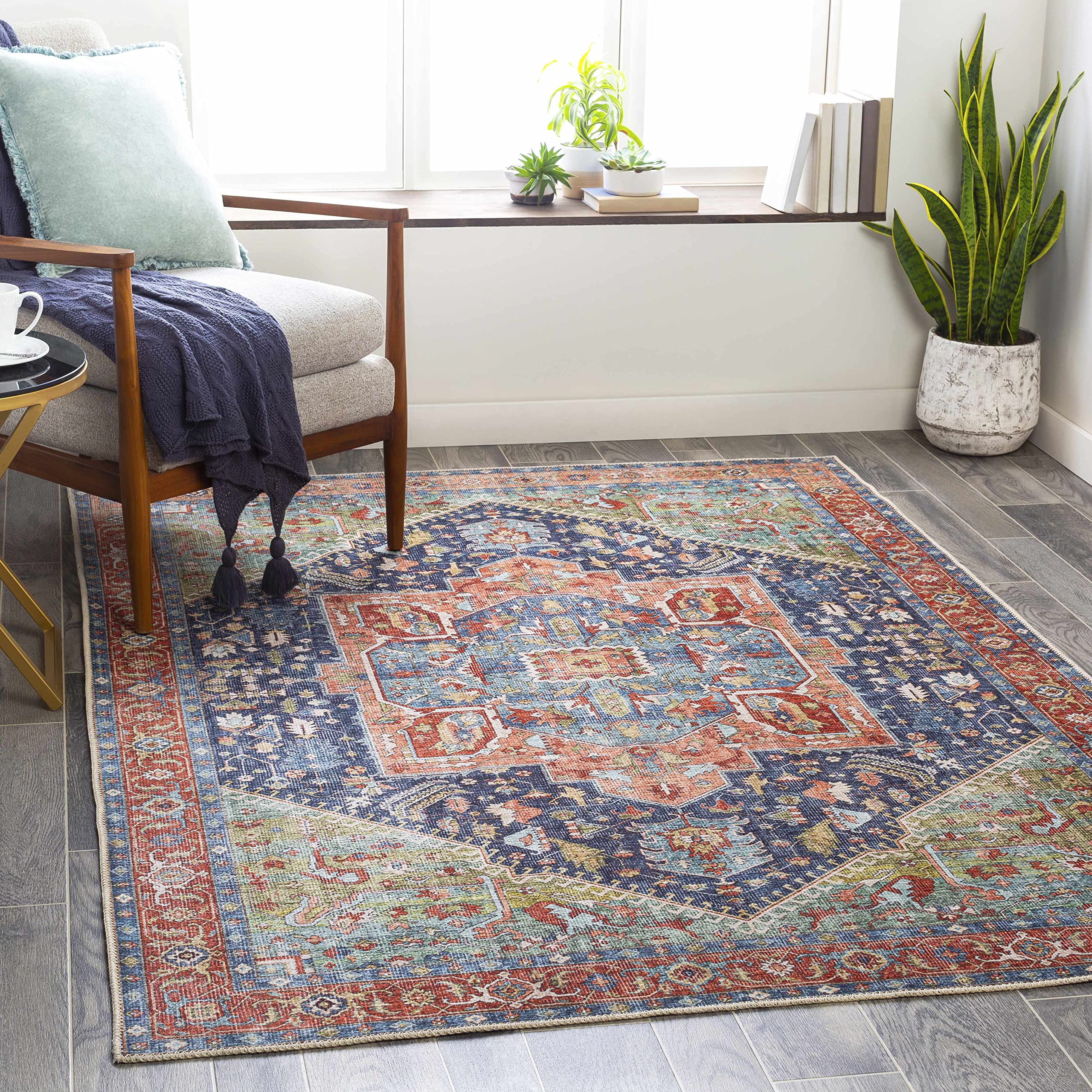 Hauteloom Exira Washable Runner Rug for Hallway & Kitchen - Traditional Design in Blue, Brick Red, Camel - 2'7