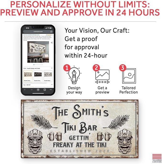 Custom Tiki Bar Sign - 60x30in Rustic Canvas Wall Art Decor for Man Cave, Outdoor, Hideout, Kitchen, Pub, Diner & Restaurant - Perfect for Tropical Themed Parties & Beach House Decor