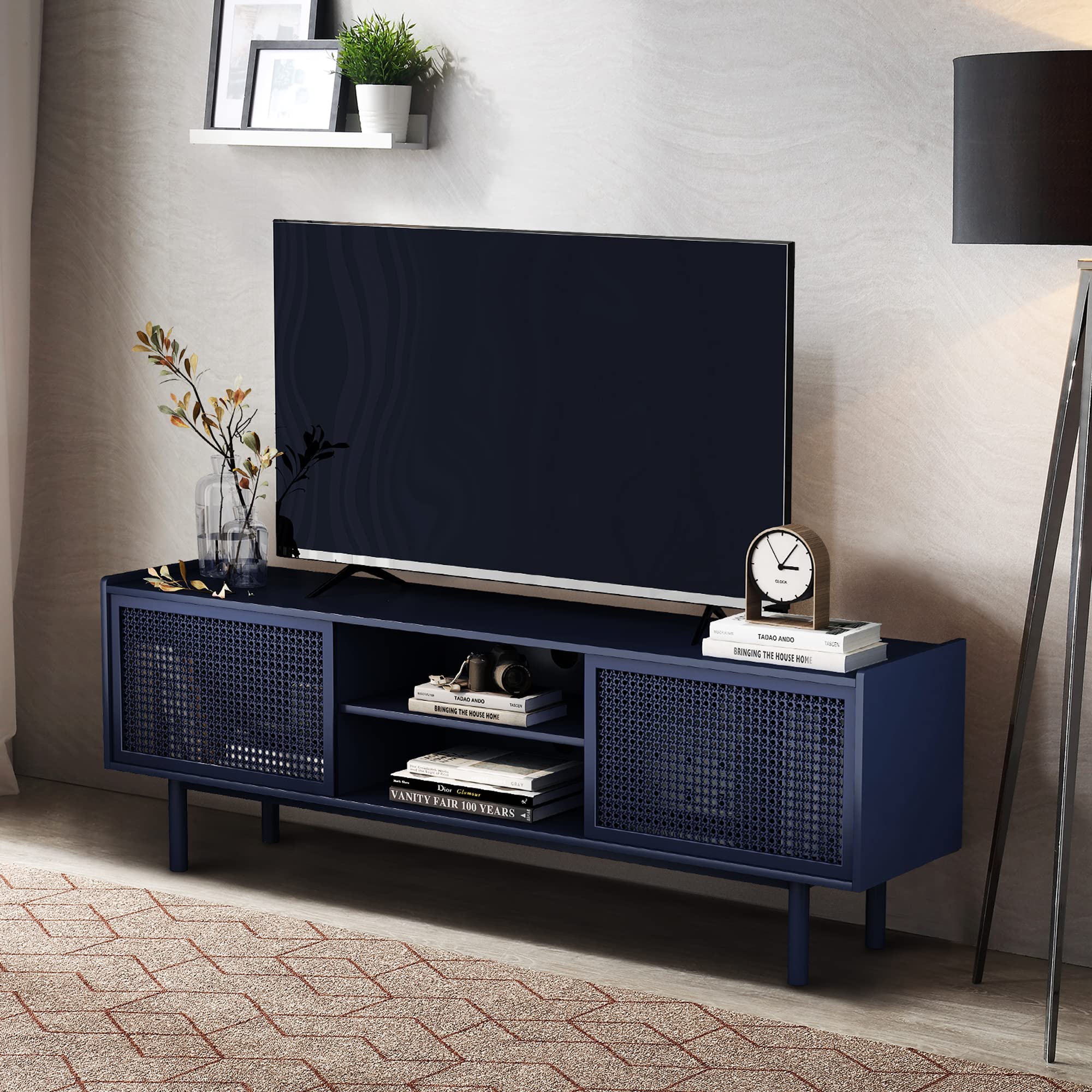 ORRD 70 Inch TV Stand with Sliding Barn Door & Adjustable Shelves - Rustic Iron Rattan Entertainment Center for Living Room - Perfect for Home Theater, Gaming Setup & Living Room Storage