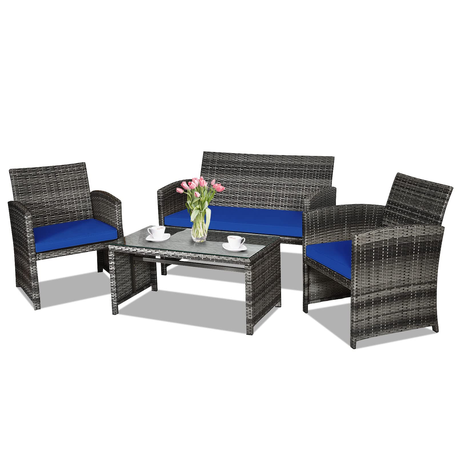 Goplus 4-Piece Outdoor Rattan Patio Furniture Set with Weather-Resistant Cushions & Tempered Glass Tabletop - Wicker Conversation Sofa for Backyard, Garden, Poolside & Lawn (Blue) | Perfect for Relaxing, Entertaining & Outdoor Dining