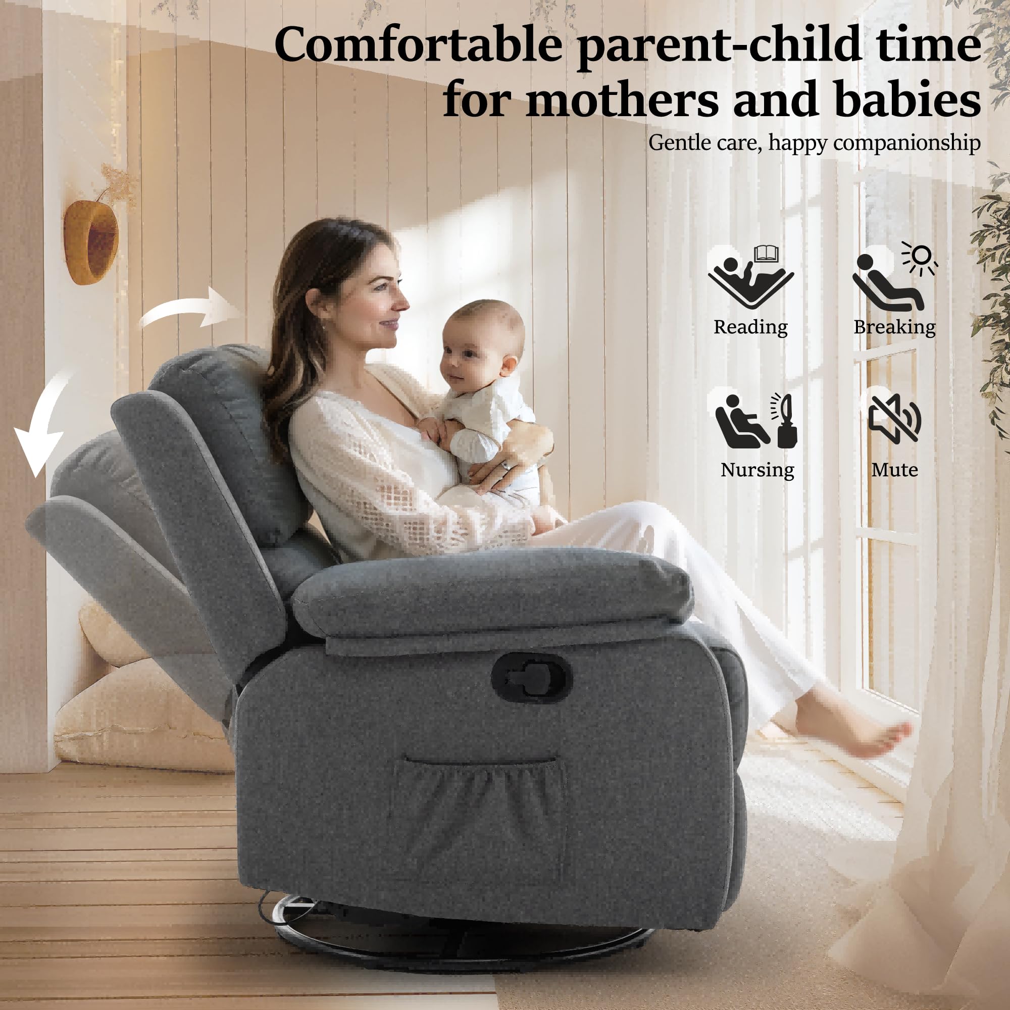 360° Swivel Rocking Recliner Chair for Adults - Small Space Fabric Upholstered Glider with Side Pockets - Perfect for Living Room, Nursery & Small Apartments