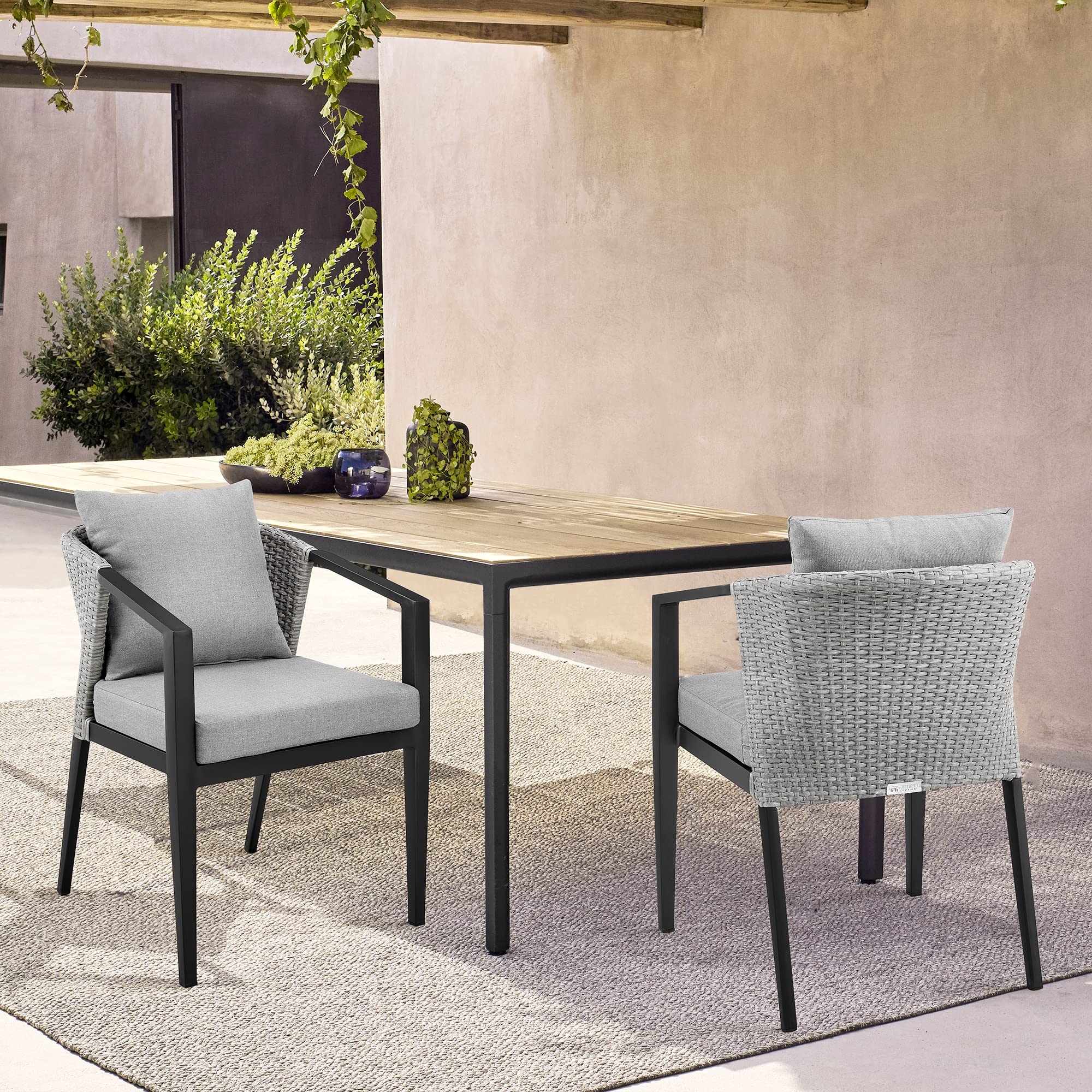 Armen Living Aileen Modern Outdoor Patio Dining Chairs - Set of 2 Black Wicker and Metal Stackable Chairs for Garden, Poolside, Deck & Patio Furniture
