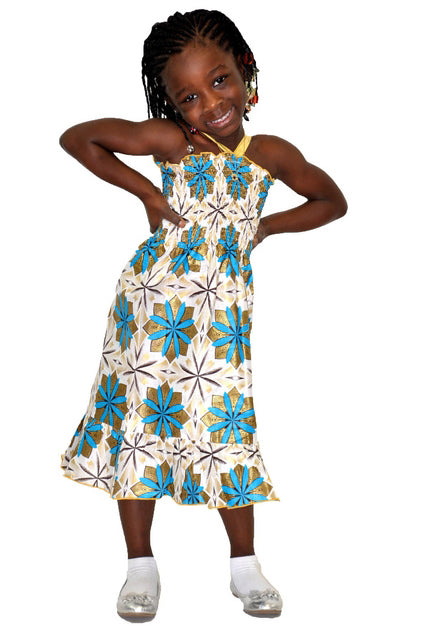 Stylish Blue, White & Gold African Print Halter Dress for Girls - Perfect for Parties, Weddings & Special Occasions