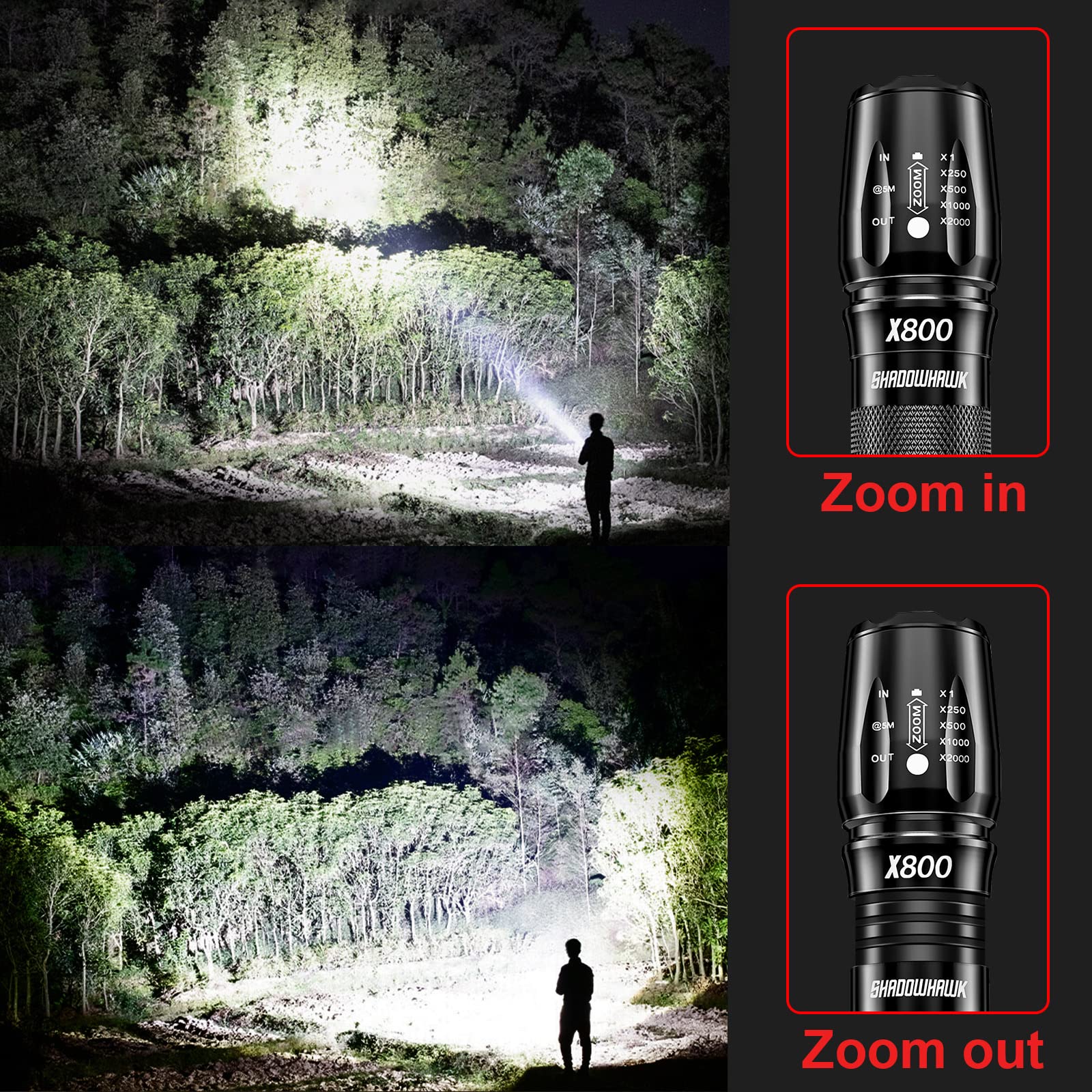 Shadowhawk X800 Ultra Bright 450,000 Lumen Rechargeable LED Flashlight - IP67 Waterproof Tactical Flashlight with 5 Light Modes & Zoom - Perfect for Outdoor Camping, Hiking, Emergency & Survival Gear