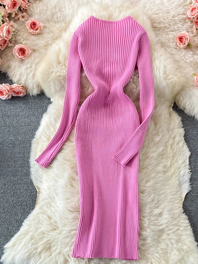 Elegant Cross V-Neck Slim Waist Knitted Bodycon Dress for Women | Autumn Winter Office Wear | Korean Style Ladies Vestidos | Perfect for Work, Party & Date Nights