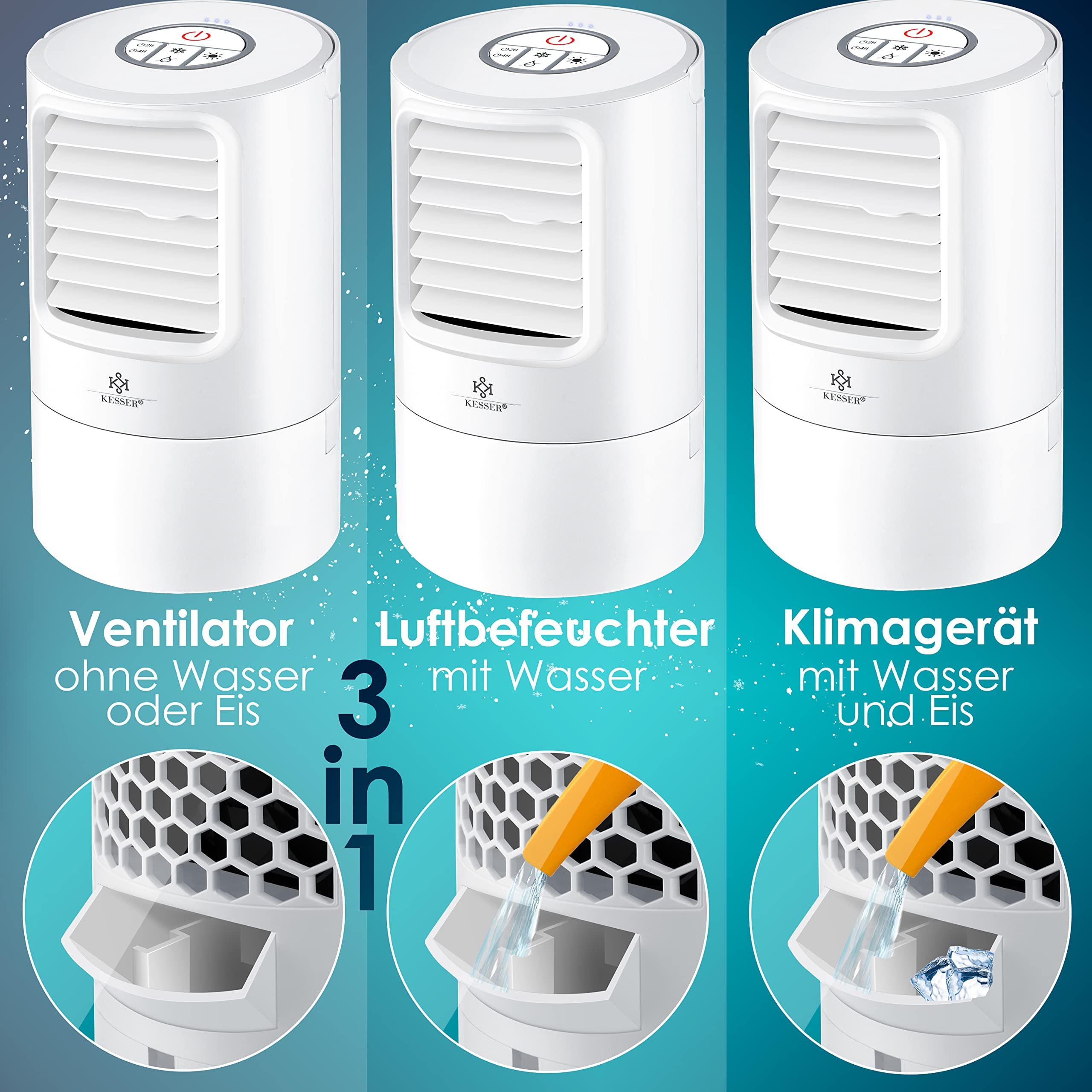 KESSER® Portable 4-in-1 Mini Air Conditioner with LED Lights, Fan, Water Tank & Timer - 3 Speed Levels, Ionizer Humidifier, Compact Personal Cooler (White) - Perfect for Bedroom, Office & Small Spaces