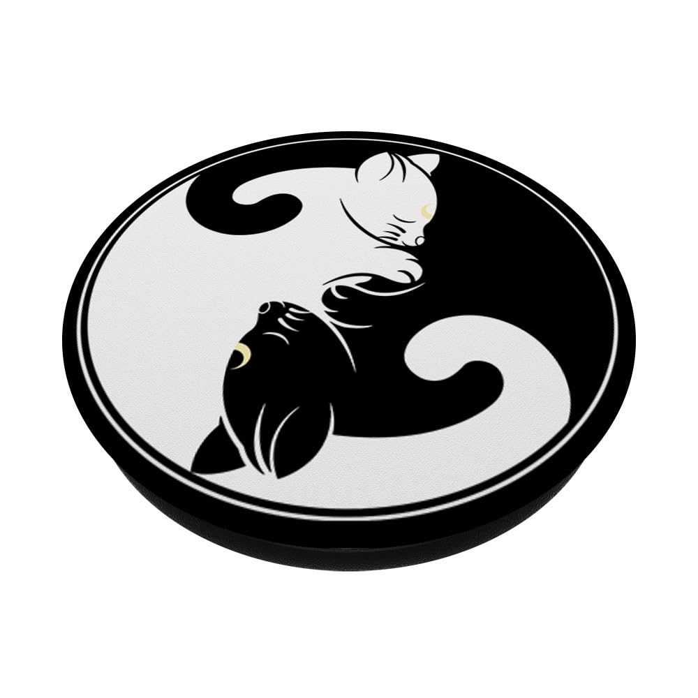 Kawaii Yin Yang Black Cat With Moon Crescent Head Manga Neko PopSockets Adhesive PopGrip - Anime Phone Grip for iPhone & Samsung - Perfect for Manga Lovers & Anime Fans