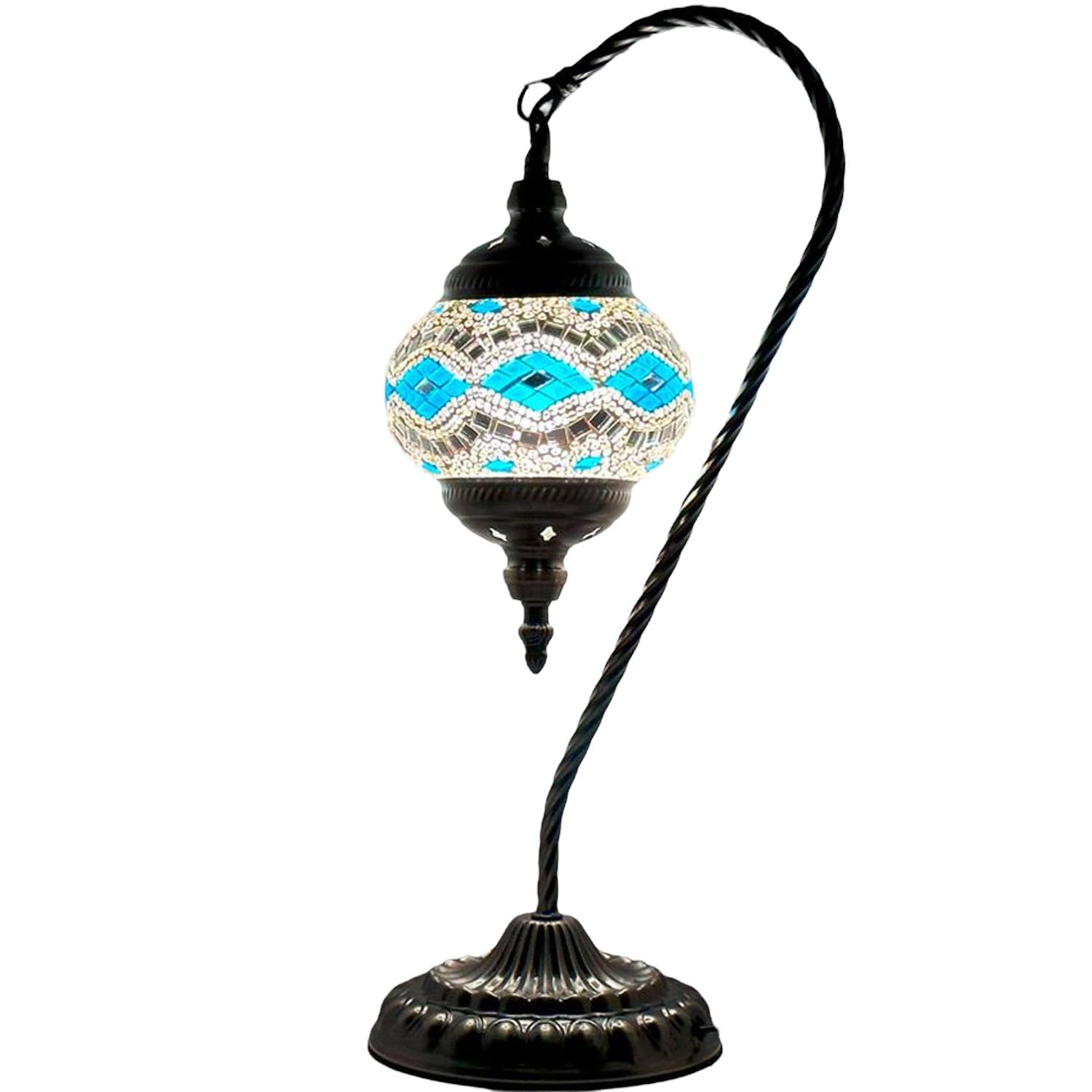 SilverFever Mosaic Turkish Lamp - Moroccan Glass Swan Neck Lantern with Bronze Base for Table, Desk & Bedside Decor | Includes E12 Light Bulb | Grey Blue Wave Design | Perfect for Home, Restaurant & Outdoor Lighting