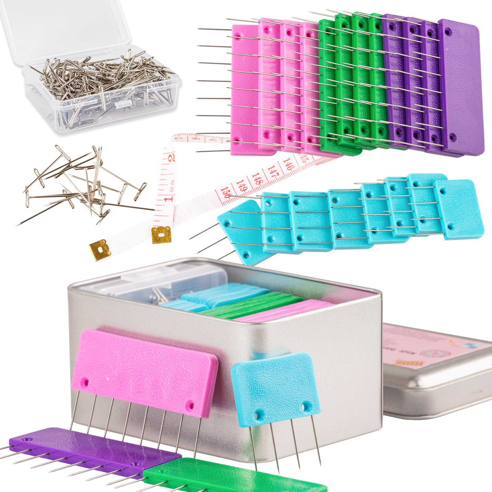 Crochet Blocking Pin Kit with 20 Knit Blocking Combs & 100 T-Pins - Rainbow Knitting Block Pins for Blocking Mats in Multicolor & White - Perfect for DIY Knitting, Crochet Projects & Fabric Blocking