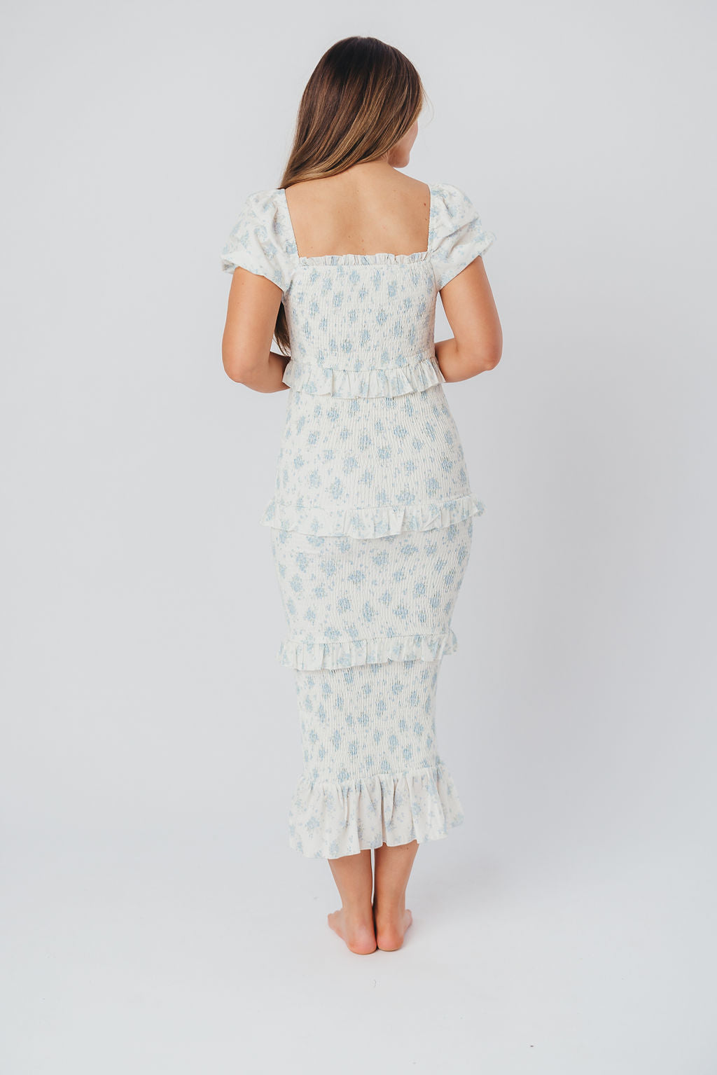 Ada Smocked Dress in Blue Floral - Bump Friendly Maternity Dress with Inclusive Sizing (S-3XL) | Perfect for Baby Showers, Bridal Events & Summer Weddings