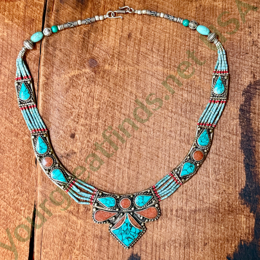 Handmade Tibetan Alpaca Silver Necklace with Turquoise & Coral Beads - Boho Chic Jewelry for Women, Perfect for Festivals, Weddings & Layering