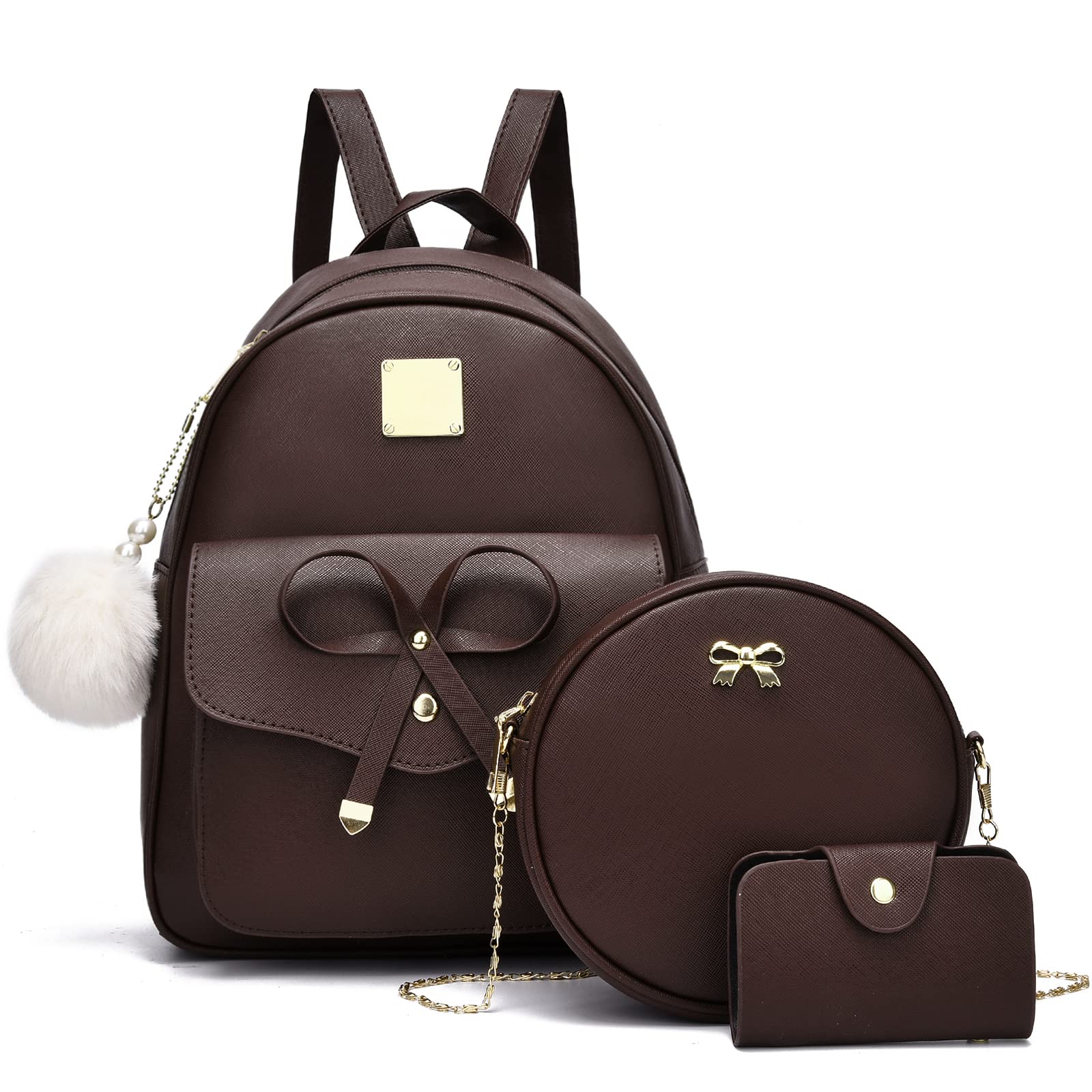 Fashion Leather Backpack Purse for Women - 3-Piece Set with Bowknot, Perfect for School & Travel