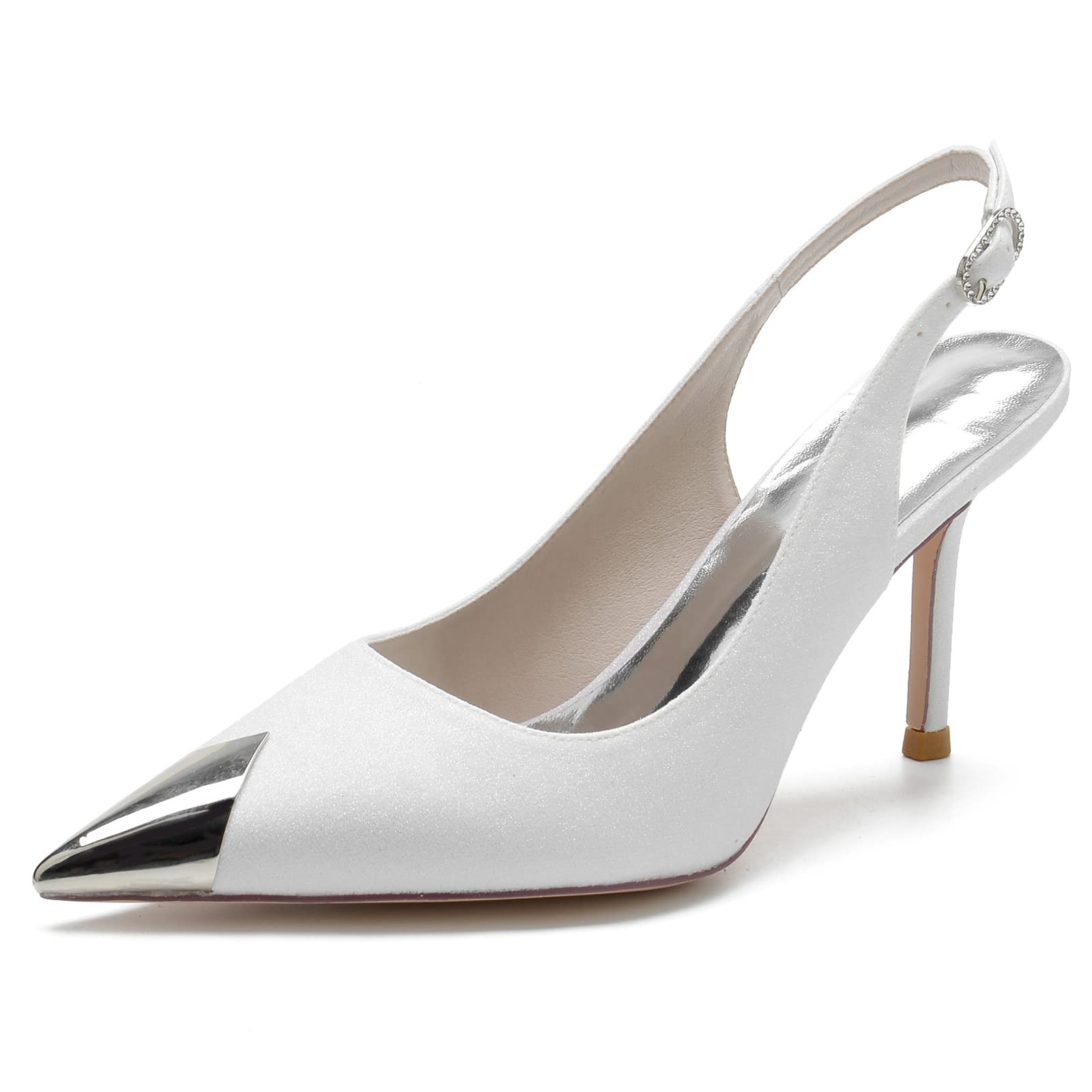COMFASH 3.3 Inch Rhinestone Slingback Pumps - Women's Sequin Stiletto Heels Pointed Toe Backless Wedding Shoes | Bridal Dress Sandals for Bride, Party & Special Occasions - White, Size 6.5