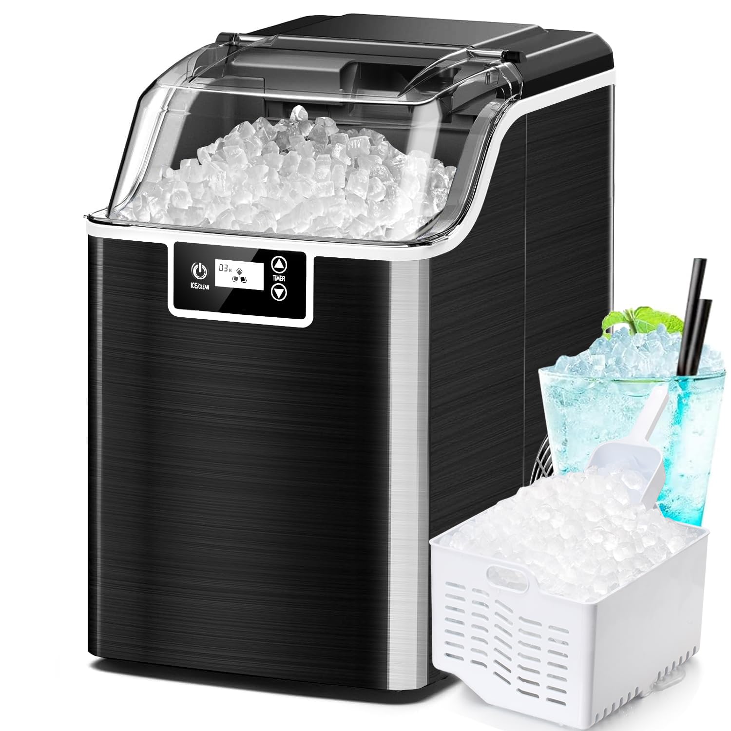 Kndko Countertop Nugget Ice Maker - 45lbs/Day Crushed Ice Machine with 24H Timer & Self-Cleaning | Stainless Steel Black | Perfect for Home Bars, Parties, and Office Break Rooms