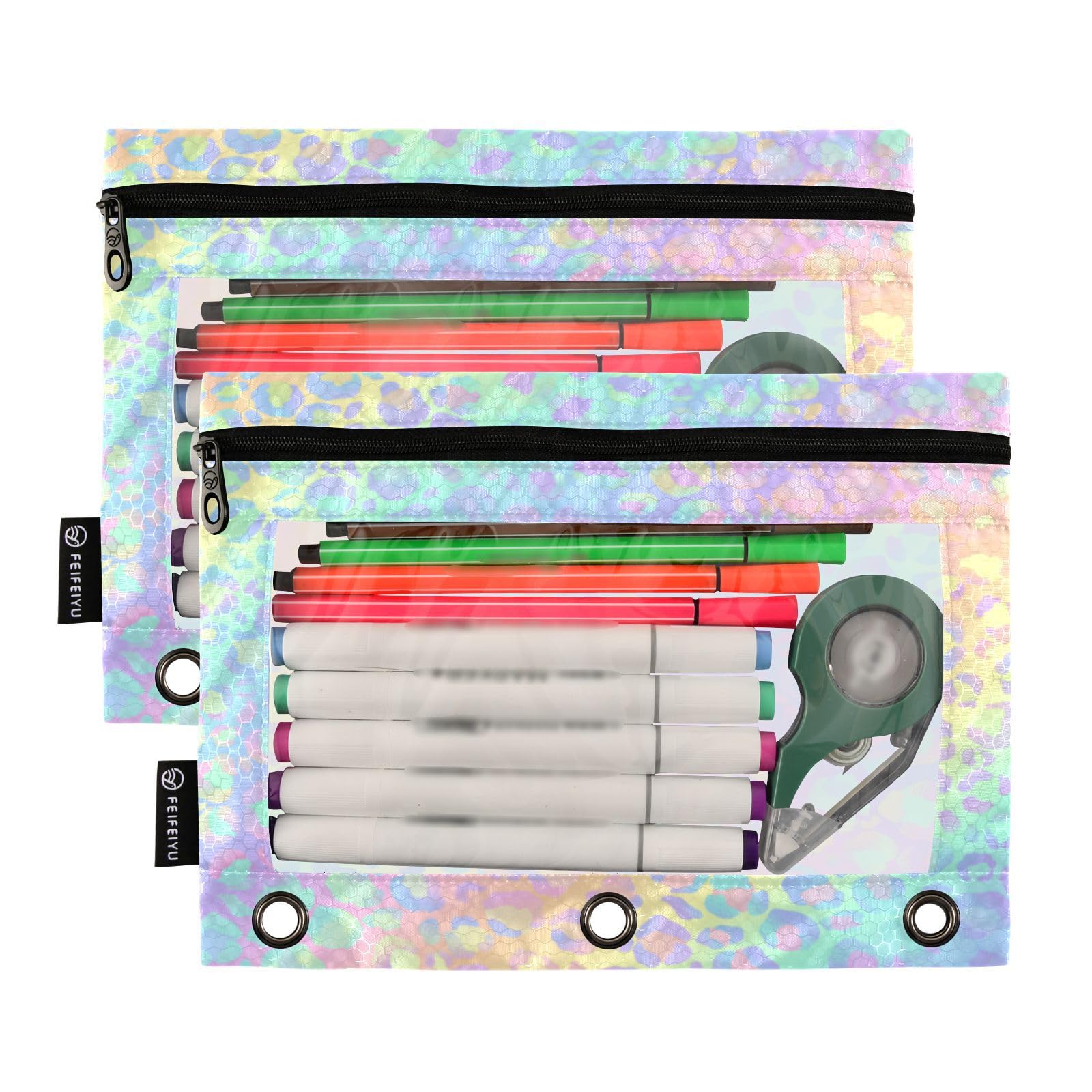 Gradient Leopard Print Pencil Pouch with Zipper & Clear Window - 2 Pack Binder Pencil Cases for 3 Ring Binders - Perfect for Office, School & Daily Organization Supplies