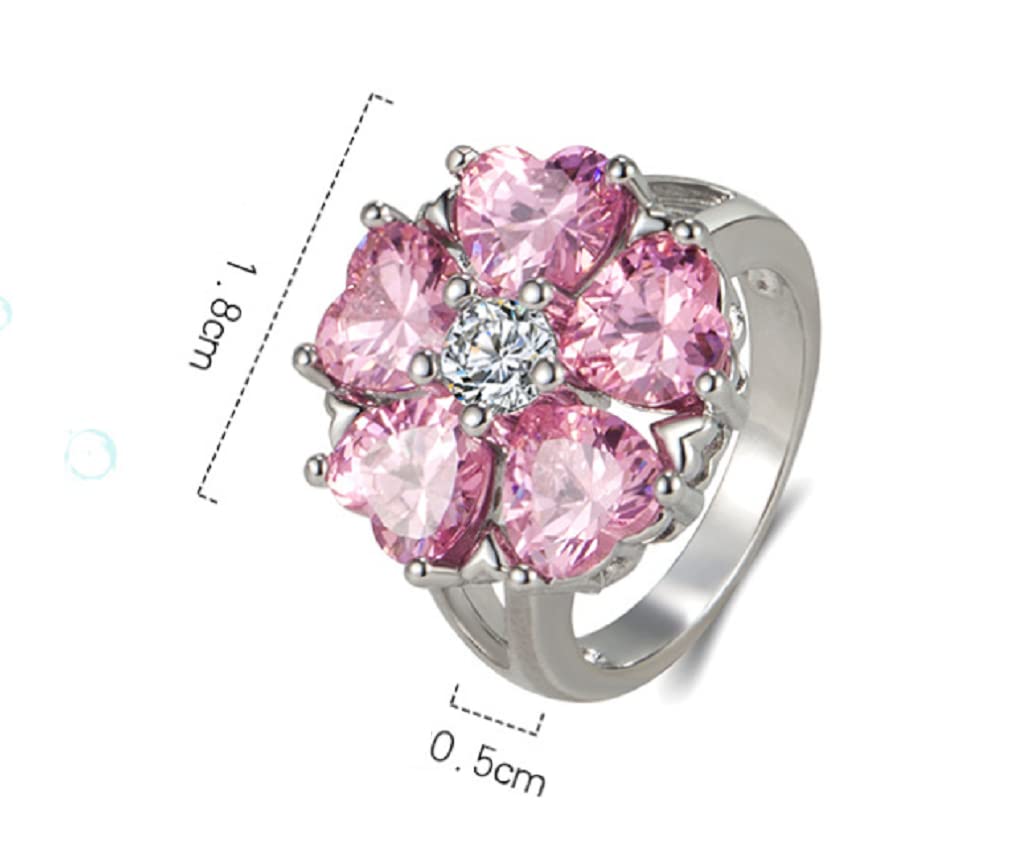 925 Sterling Silver Flower Cluster Ring for Women - Pink Heart Cubic Zirconia Promise Ring, Halo Engagement Wedding Band, Eternity Ring Size 6 | Perfect for Valentine's Day, Anniversary Gift & Romantic Occasions