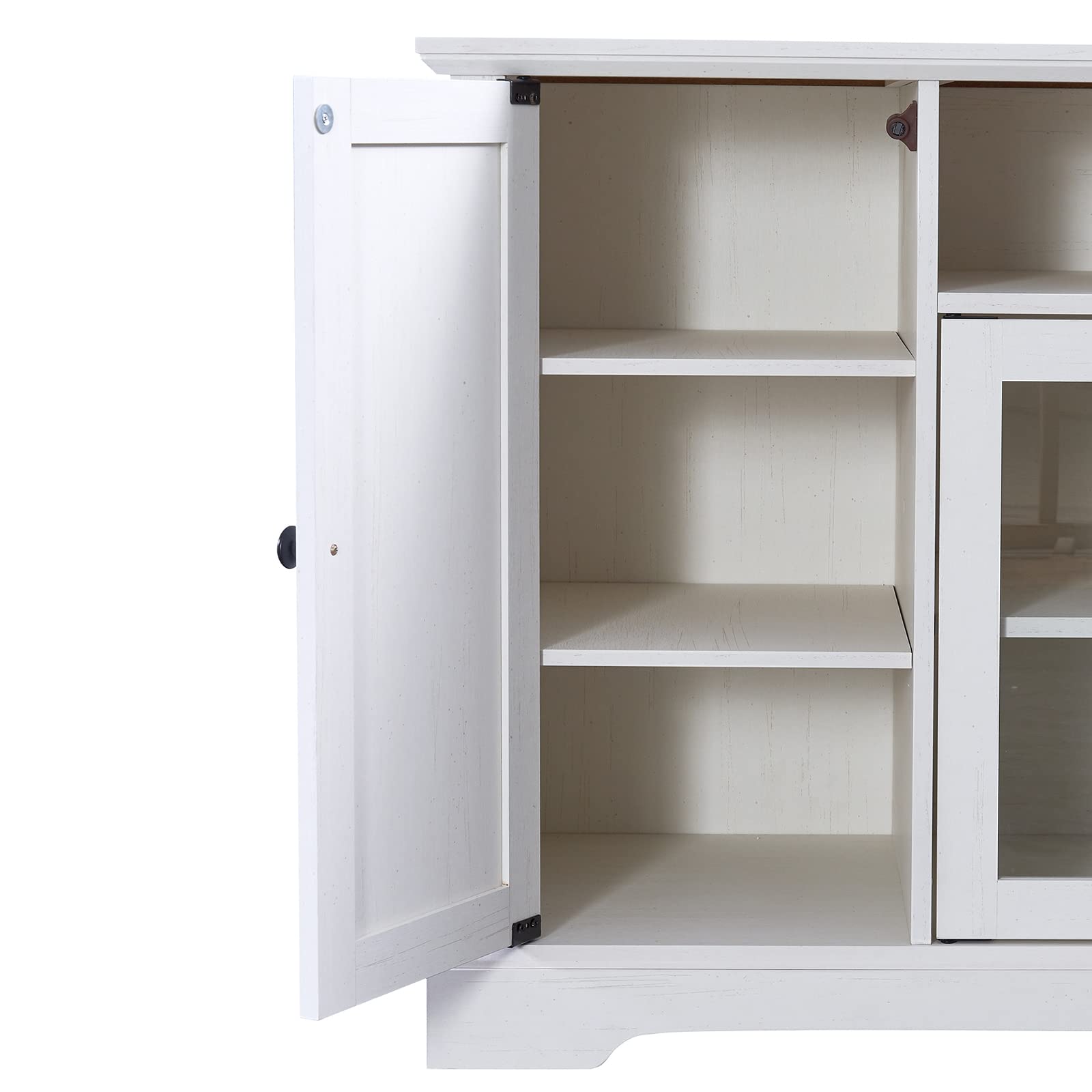 65 Inch TV Stand with 2 Tempered Glass Doors & Adjustable Shelves - Open Style Media Console with Cable Management Holes - Easy Assembly White Entertainment Center for Living Room - Perfect for Home Theater Setup & Modern Living Spaces