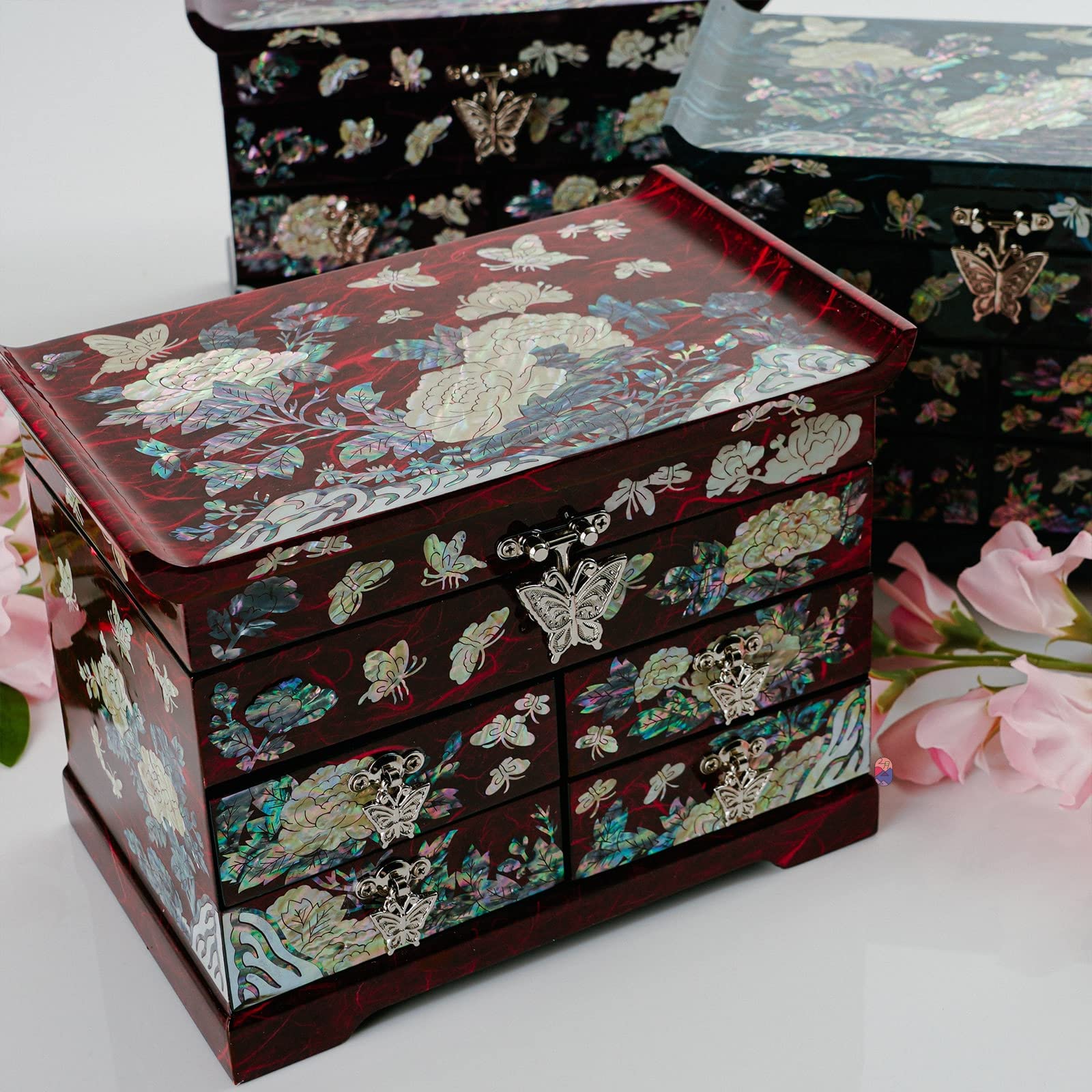 February Mountain Mother of Pearl Wooden Jewelry Organizer Box - Elegant Jewelry Storage for Women with Spacious Drawers, Perfect for Rings, Bracelets, Watches, Necklaces & Accessories | Great for Bedroom Vanity, Travel & Gift Giving