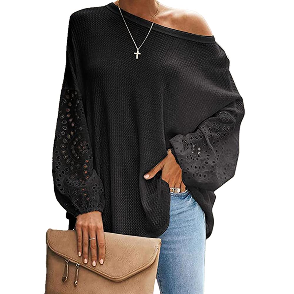 Janepam Women's Knitted Waffle Sweater Top - Plus Size Solid Color Bishop Sleeve Embroidered Loose Jumper | Casual Office Wear & Autumn Layering