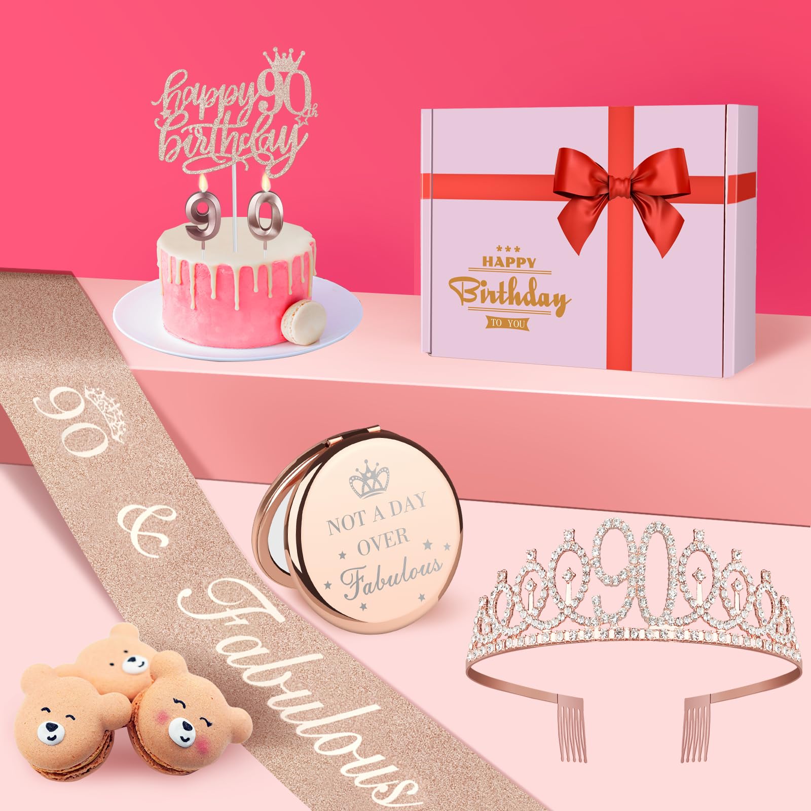 90th Birthday Party Decorations for Women - 'Not a Day Over Fabulous' Compact Mirror, Sash & Crown Set, Cake Topper & Candles - Perfect 90 Year Old Gifts for Grandma, Mother & Senior Women (Great for Milestone Celebrations & Photo Booths)