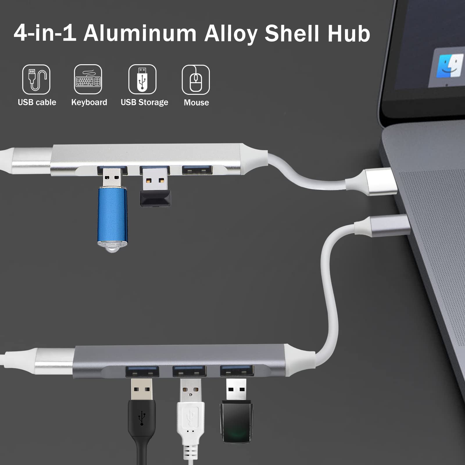 4-Port USB 3.0 Hub with USB-C Adapter - Ultra Slim USB Splitter & Extender for MacBook Pro/Air, iMac, Windows Laptops - Perfect for Home Office, Gaming & Multi-Device Charging