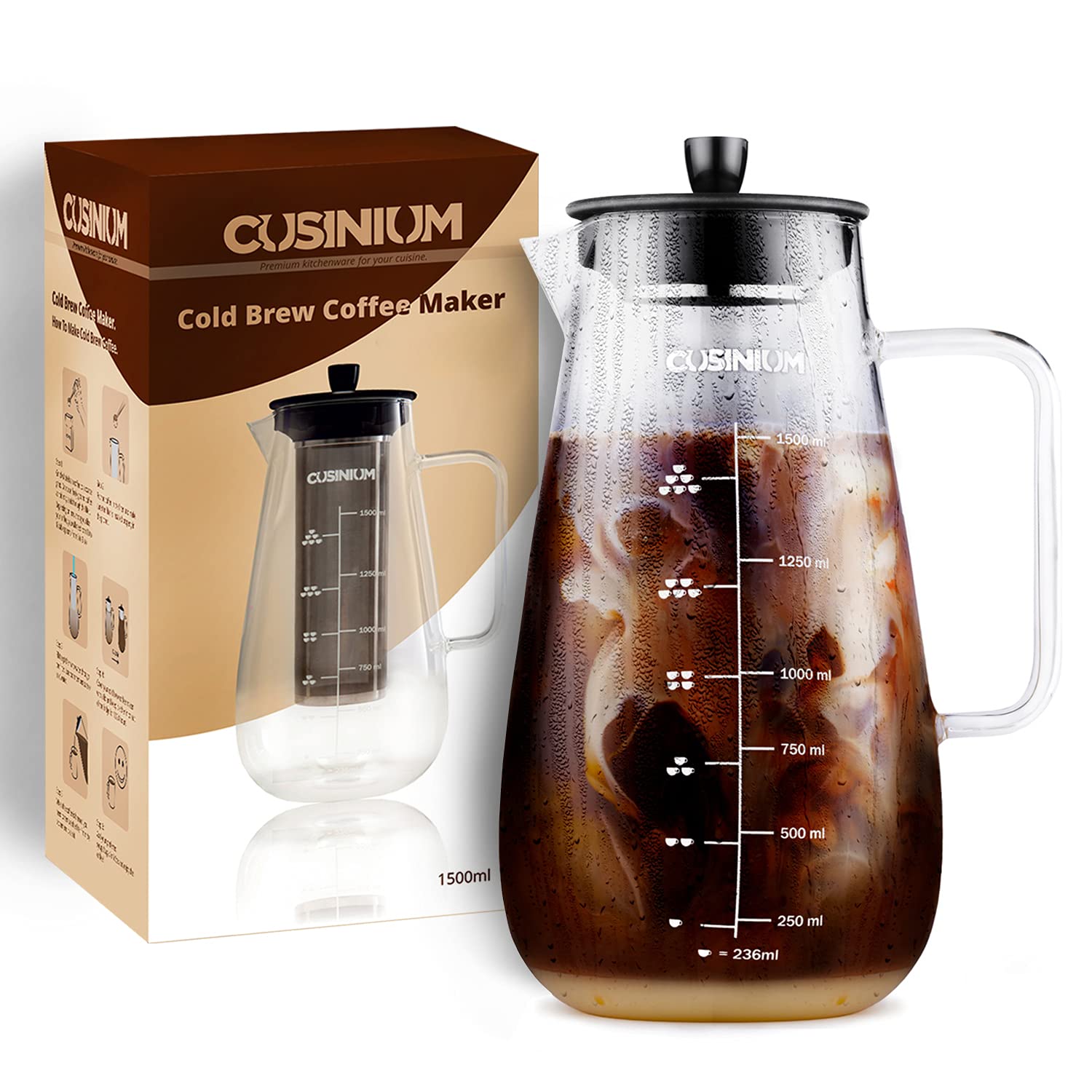 CUSINIUM 1.5 Quart Large Cold Brew Coffee Maker - Iced Coffee Maker with Glass Carafe for Refreshing Summer Drinks, Perfect for Home, Office & Outdoor Use