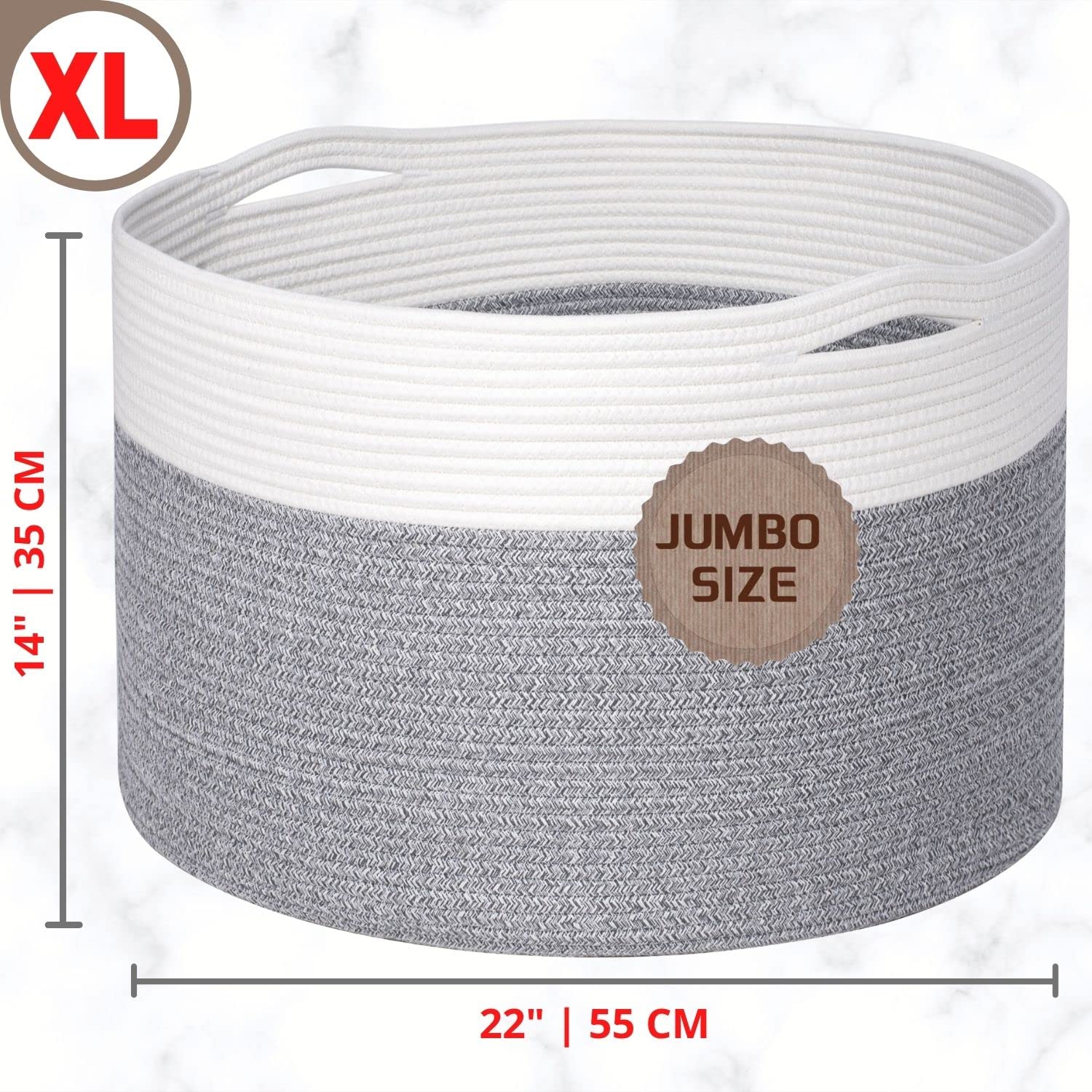 MINTWOOD Extra Large 22x14 Inch Woven Cotton Rope Storage Basket - Blanket Organizer, Laundry Hamper, Toy Bin for Living Room, Nursery & Bedroom - Light Grey Home Decor Storage Solution