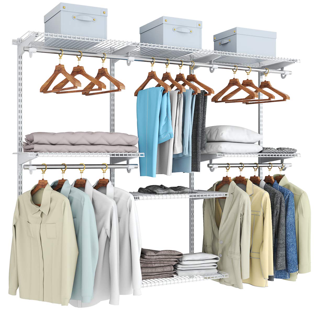 Moccha Adjustable Wall Mounted Closet Organizer System - White Metal Hanging Storage Rack with Shelves & Rod for Bedroom Wardrobe Organization | Perfect for Small Spaces, Walk-in Closets & Apartment Storage Solutions
