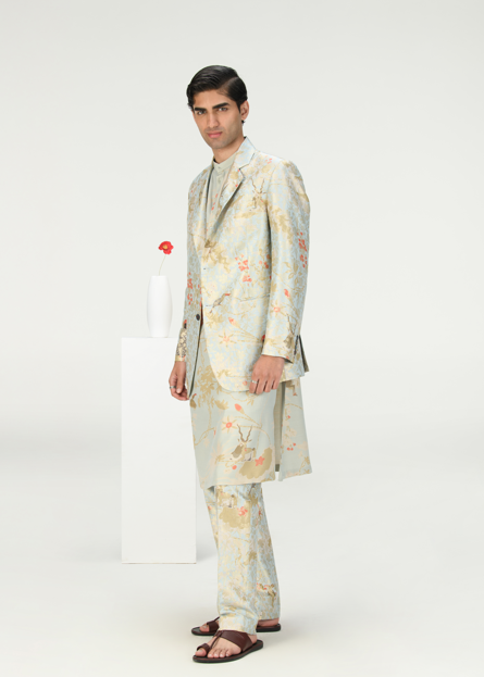 Elegant Classic Silk Brocade Trousers in Ice Blue - Perfect for Formal Events, Weddings & Special Occasions