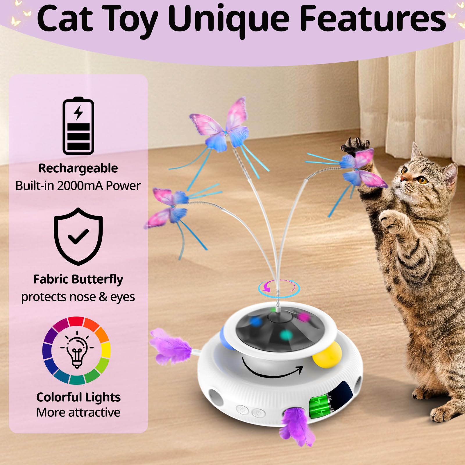 HETOO 3-in-1 Interactive Cat Toy with Feather Track Balls, Fluttering Butterfly & Moving Ambush Feather - USB Rechargeable Kitten Toy for Indoor Cats of All Breeds - Perfect for Exercise, Playtime & Mental Stimulation