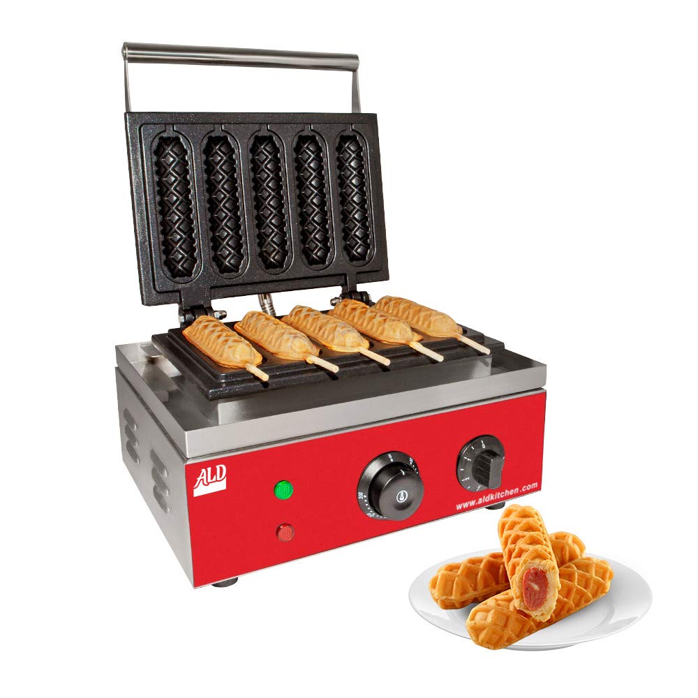 ALDKitchen Commercial Waffle Dog Maker - Stainless Steel Corn Dog Machine with Red Panel | 110V Electric Waffle Maker (5 Waffles per Batch) | Perfect for Food Trucks, Carnivals & Home Breakfast