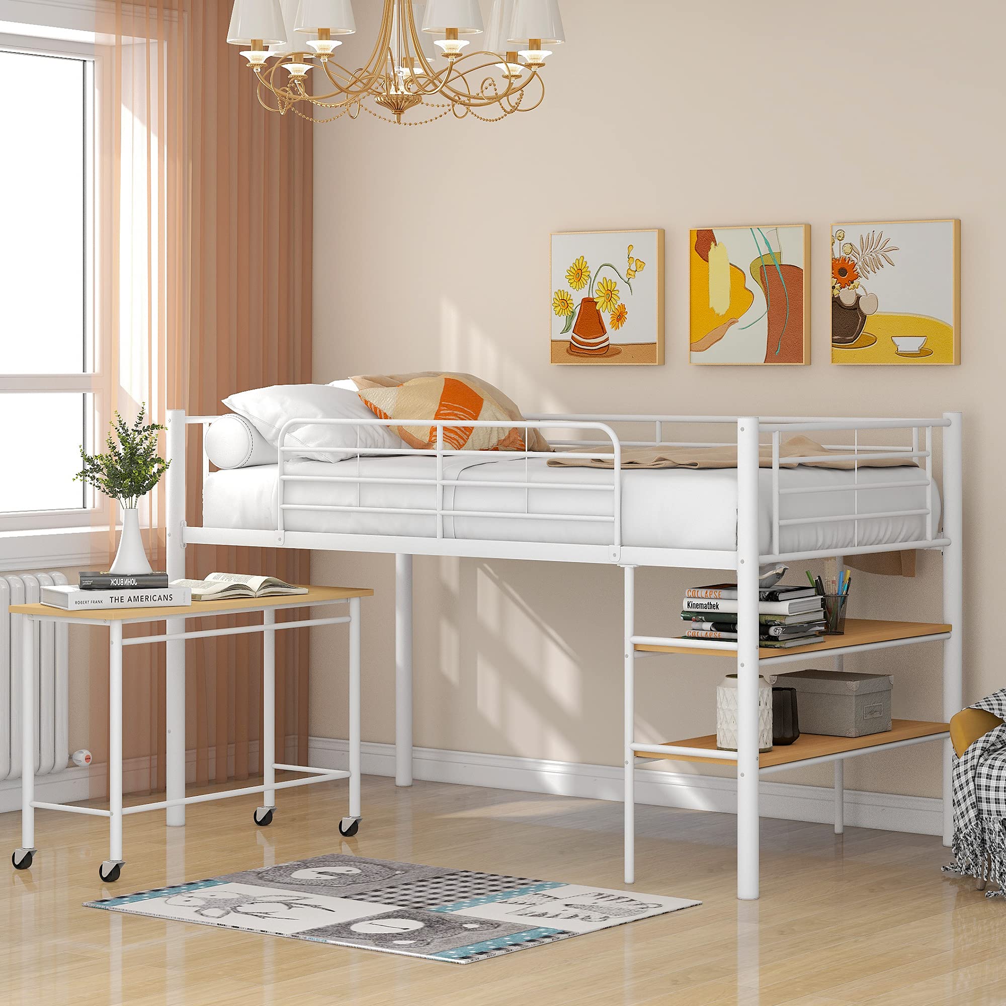 Polibi Twin Size Metal Loft Bed with Rolling Desk & Shelves - Space Saving Multi-Functional Study Loft Bed for Small Rooms (White) | Perfect for Kids, Teens & College Dorm Rooms
